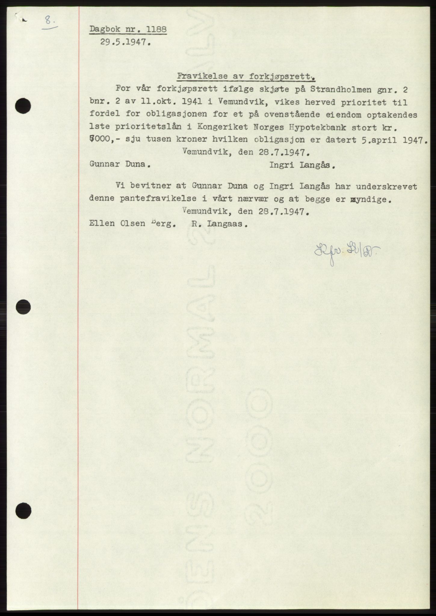Namdal sorenskriveri, AV/SAT-A-4133/1/2/2C: Mortgage book no. -, 1947-1947, Diary no: : 1188/1947