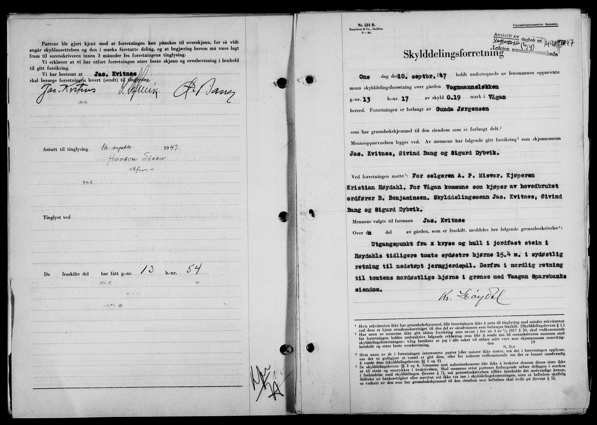 Lofoten sorenskriveri, SAT/A-0017/1/2/2C/L0016a: Mortgage book no. 16a, 1947-1947, Diary no: : 1491/1947