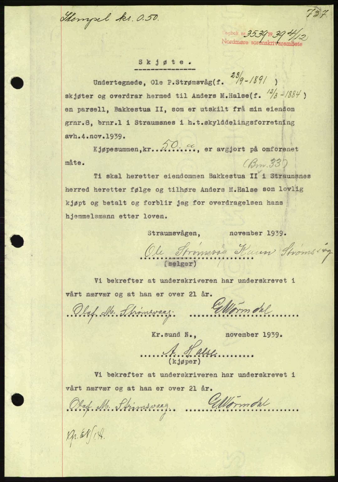 Nordmøre sorenskriveri, AV/SAT-A-4132/1/2/2Ca: Mortgage book no. A87, 1939-1940, Diary no: : 3539/1939