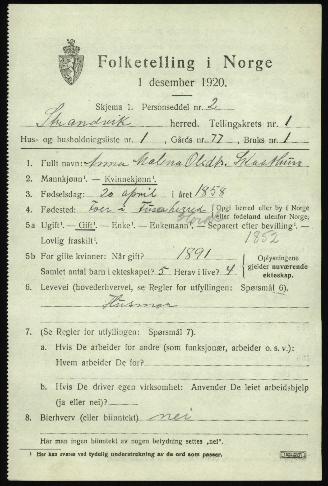 SAB, 1920 census for Strandvik, 1920, p. 750