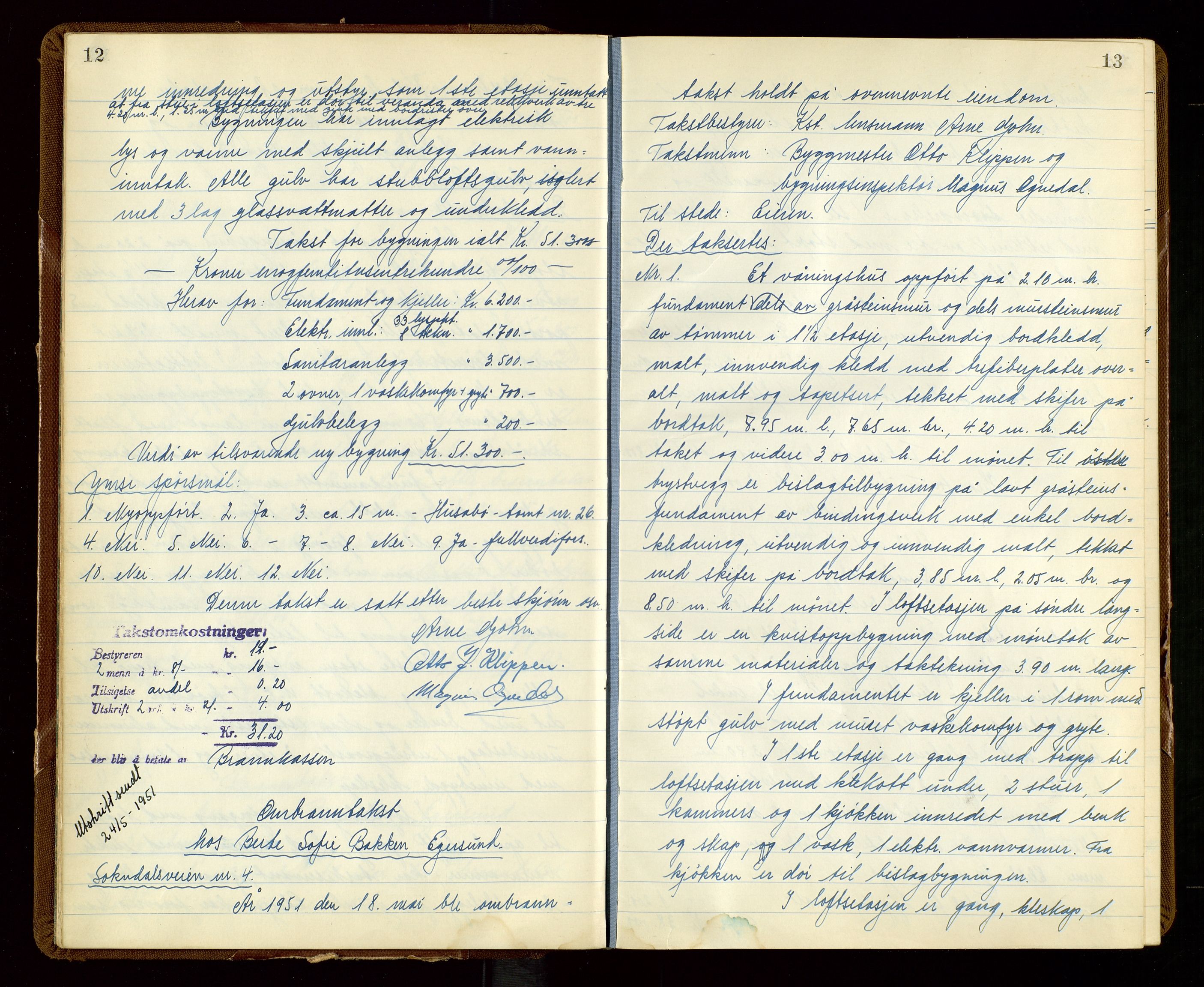 Eigersund lensmannskontor, AV/SAST-A-100171/God/L0014: "Branntakstprotokoll", 1951-1955, p. 12-13