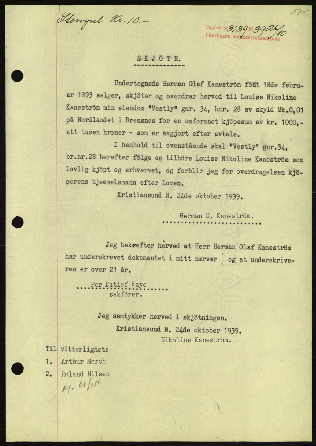 Nordmøre sorenskriveri, AV/SAT-A-4132/1/2/2Ca: Mortgage book no. A87, 1939-1940, Diary no: : 3139/1939