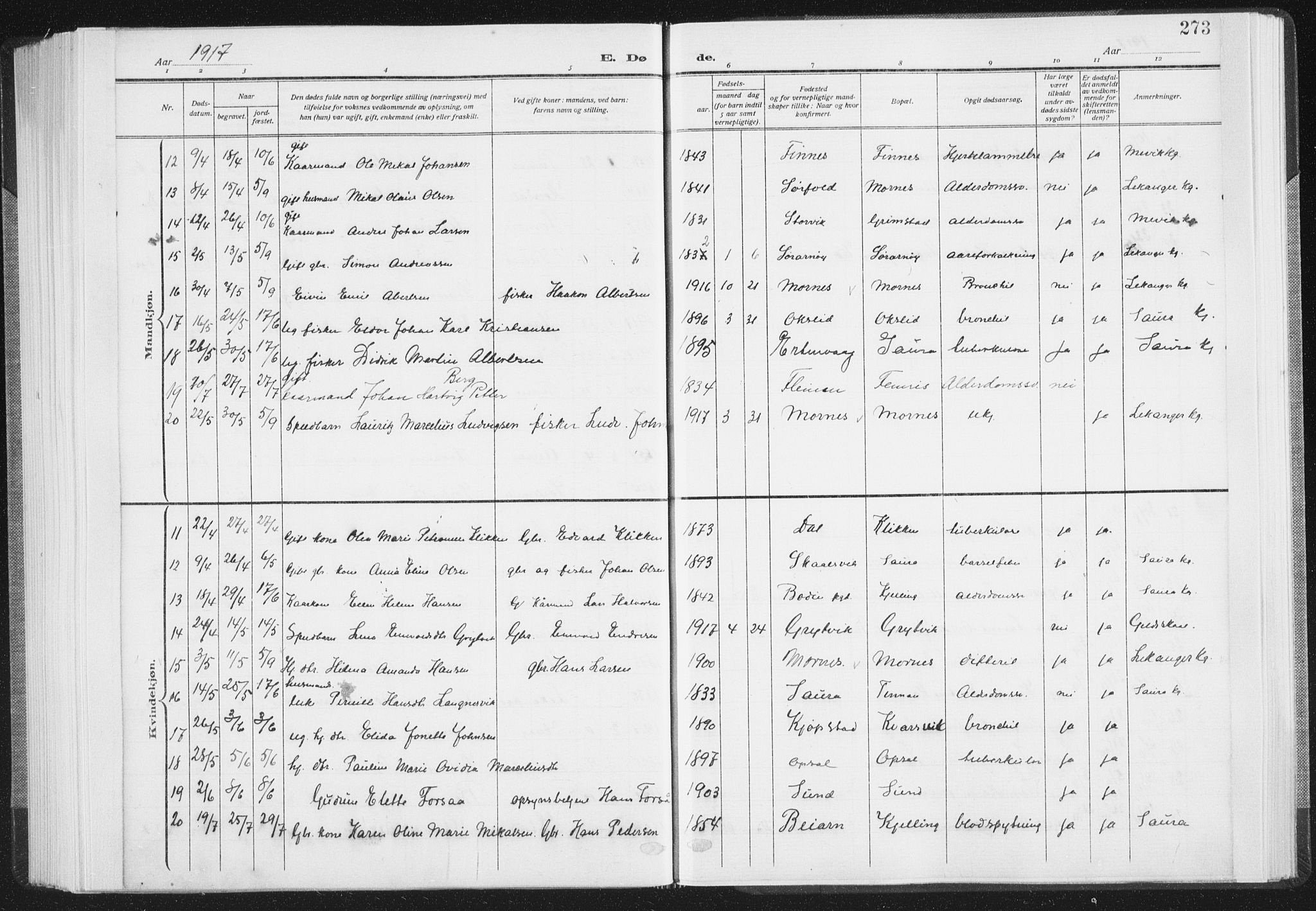 Ministerialprotokoller, klokkerbøker og fødselsregistre - Nordland, AV/SAT-A-1459/805/L0104: Parish register (official) no. 805A09, 1909-1926, p. 273