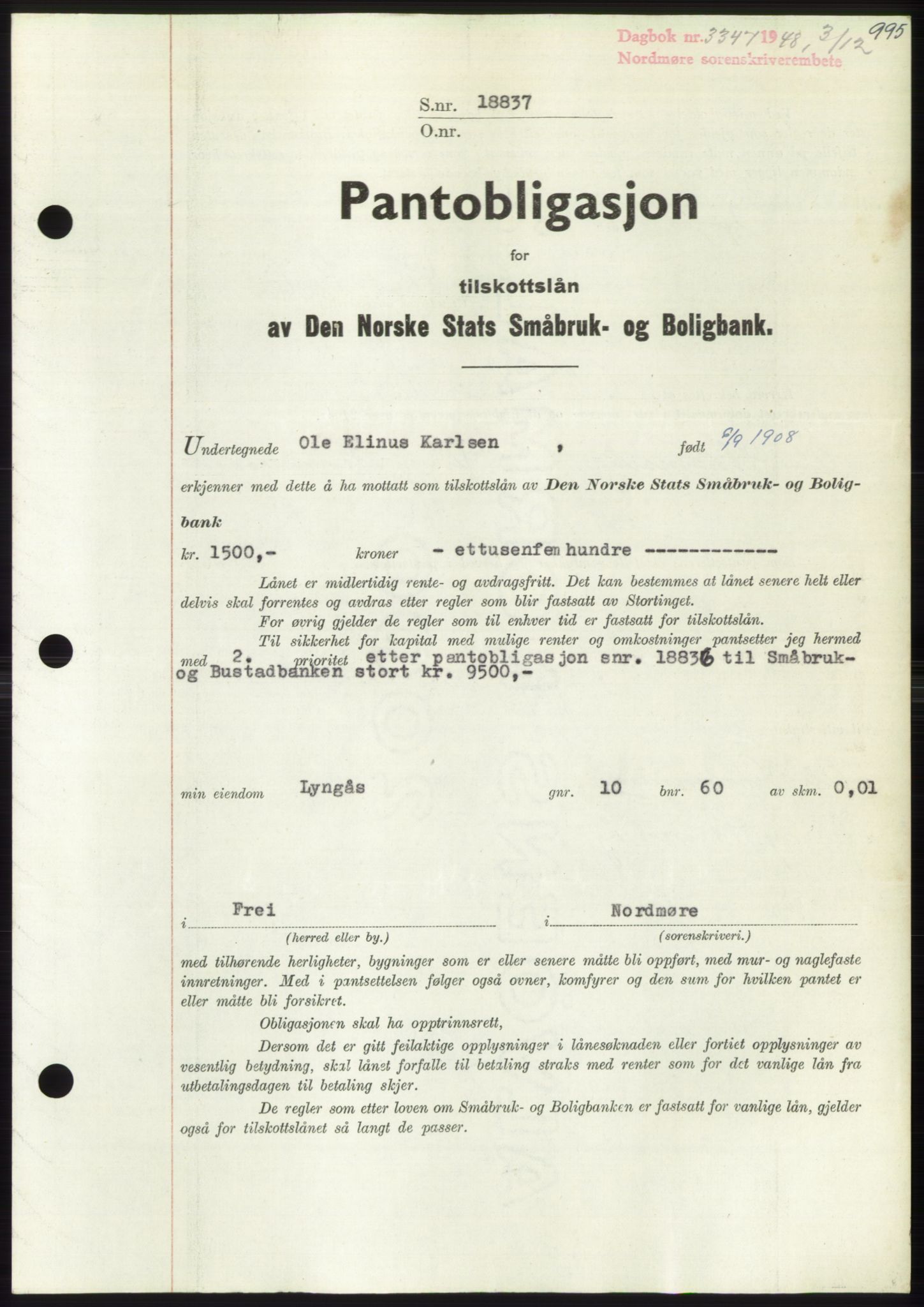 Nordmøre sorenskriveri, AV/SAT-A-4132/1/2/2Ca: Mortgage book no. B100, 1948-1949, Diary no: : 3347/1948