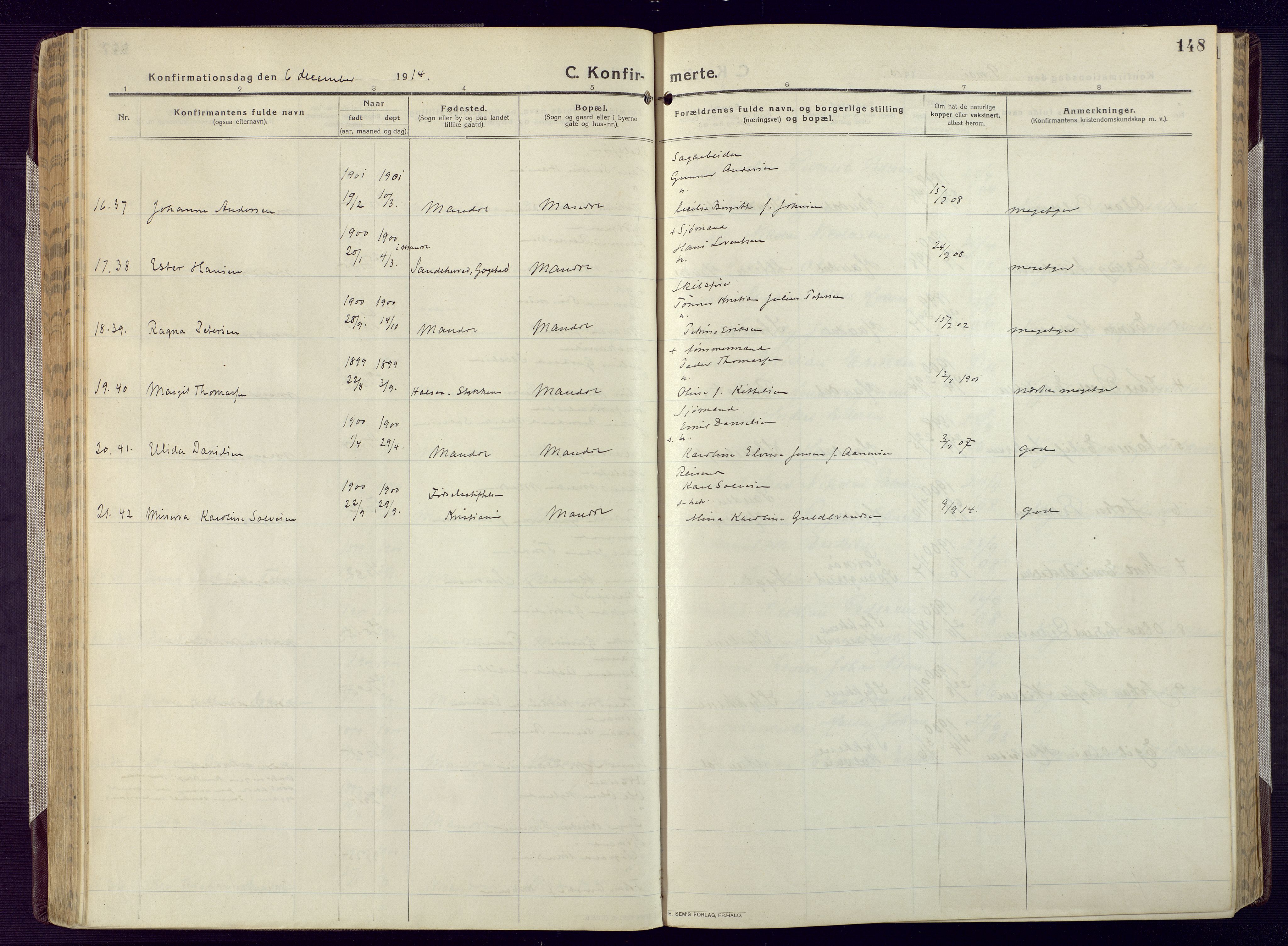 Mandal sokneprestkontor, AV/SAK-1111-0030/F/Fa/Fac/L0001: Parish register (official) no. A 1, 1913-1925, p. 148