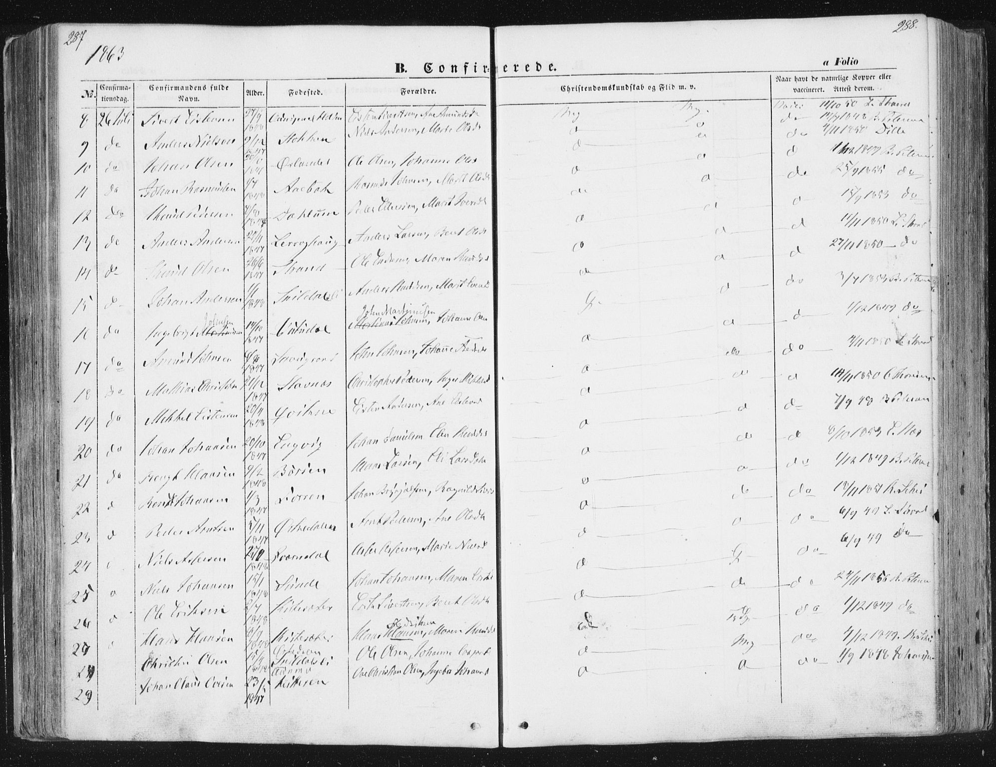 Ministerialprotokoller, klokkerbøker og fødselsregistre - Sør-Trøndelag, AV/SAT-A-1456/630/L0494: Parish register (official) no. 630A07, 1852-1868, p. 287-288