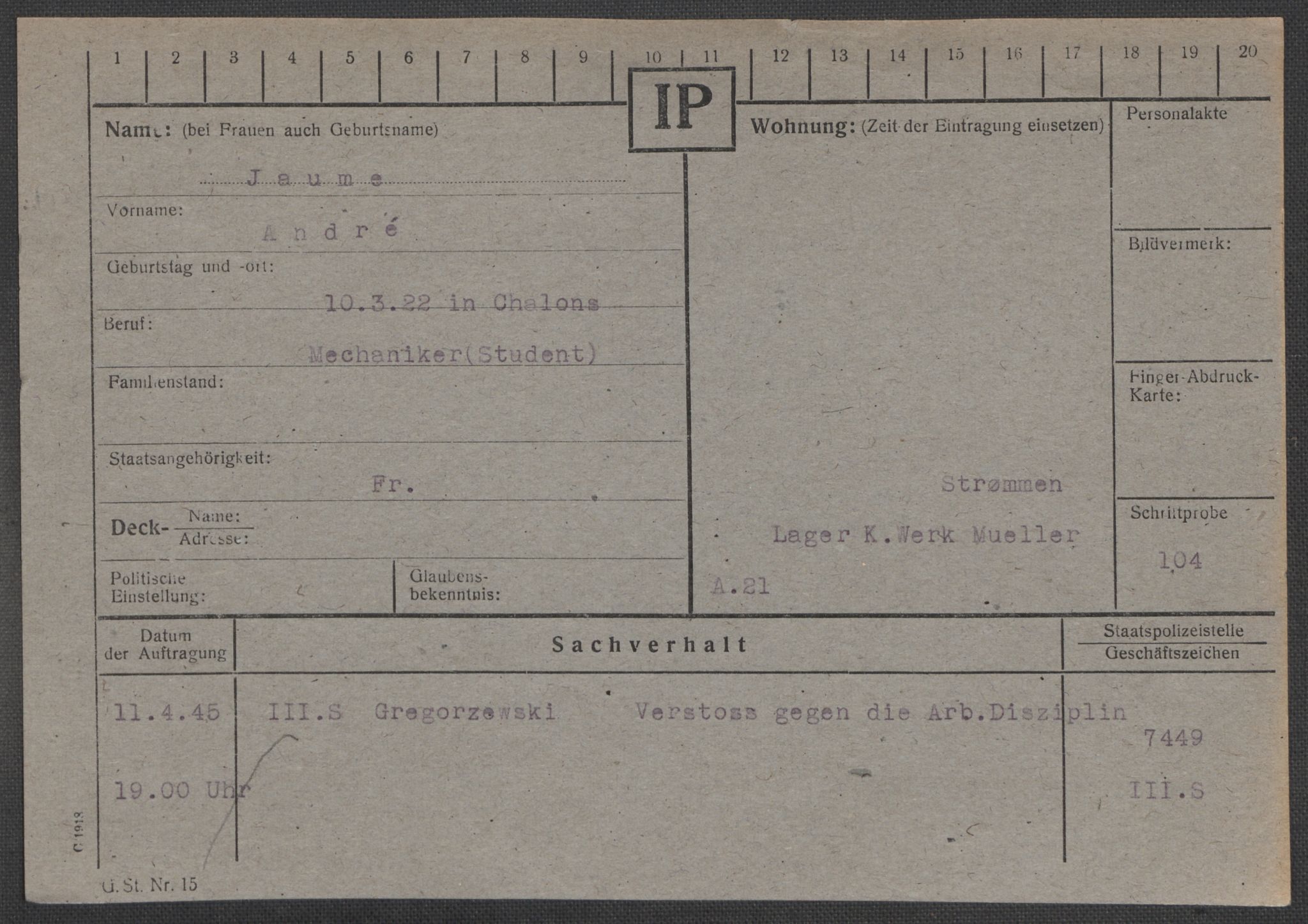 Befehlshaber der Sicherheitspolizei und des SD, AV/RA-RAFA-5969/E/Ea/Eaa/L0005: Register over norske fanger i Møllergata 19: Hø-Kj, 1940-1945, p. 405