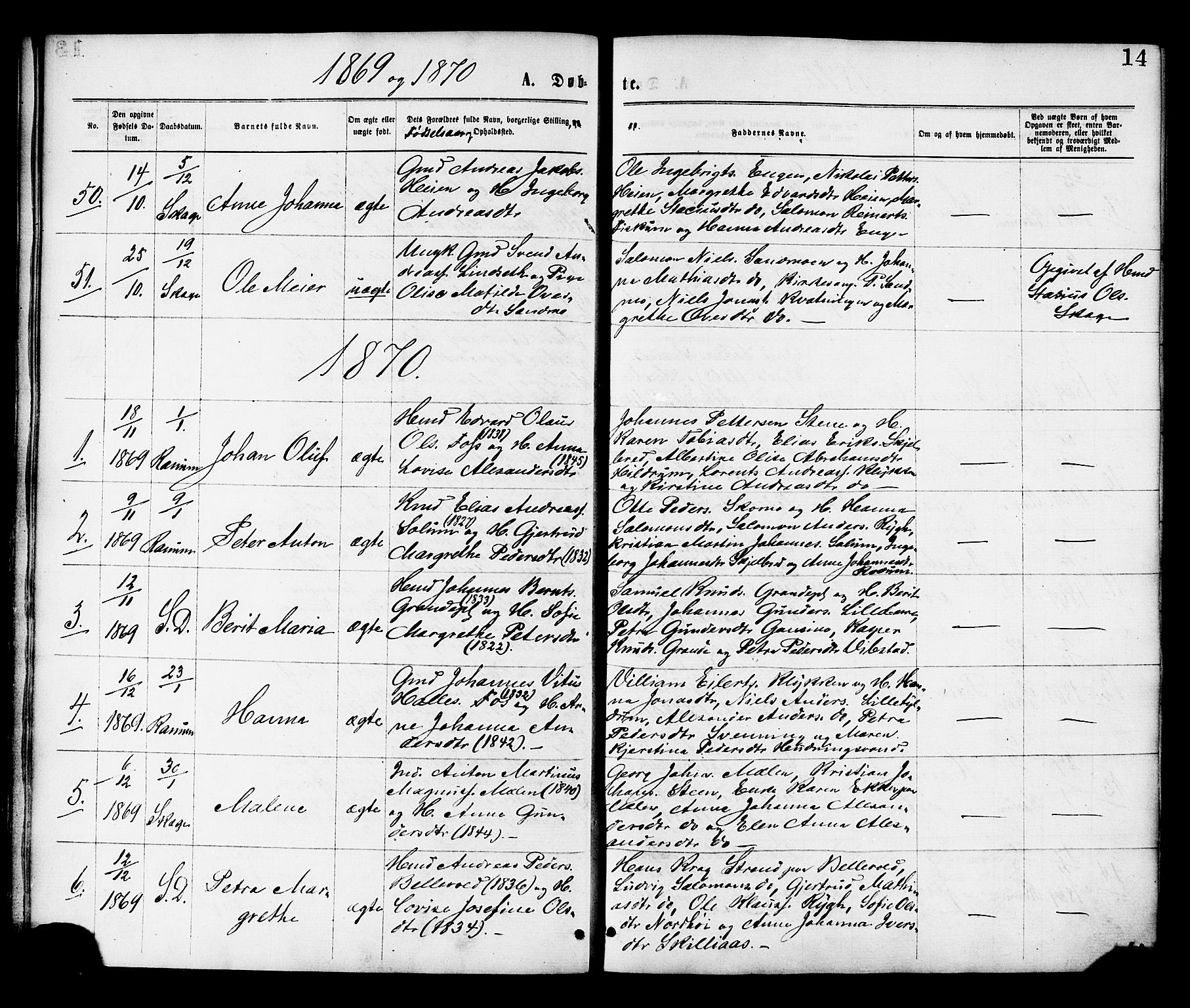 Ministerialprotokoller, klokkerbøker og fødselsregistre - Nord-Trøndelag, SAT/A-1458/764/L0554: Parish register (official) no. 764A09, 1867-1880, p. 14
