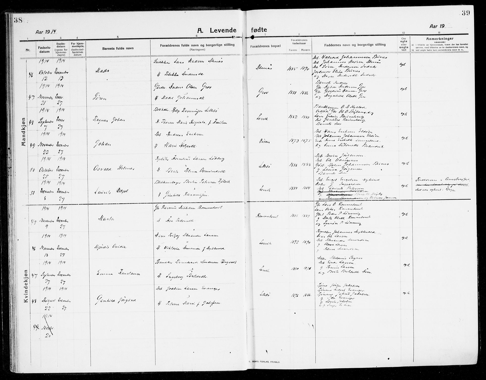 Stord sokneprestembete, AV/SAB-A-78201/H/Haa/Haab/L0003: Parish register (official) no. B 3, 1913-1925, p. 38-39