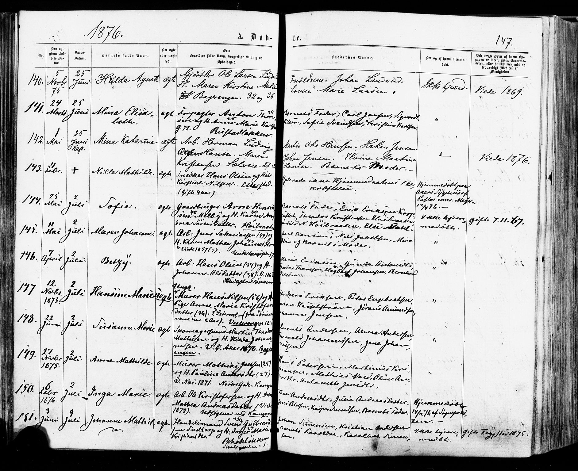 Østre Aker prestekontor Kirkebøker, AV/SAO-A-10840/F/Fa/L0004: Parish register (official) no. I 4, 1876-1889, p. 147