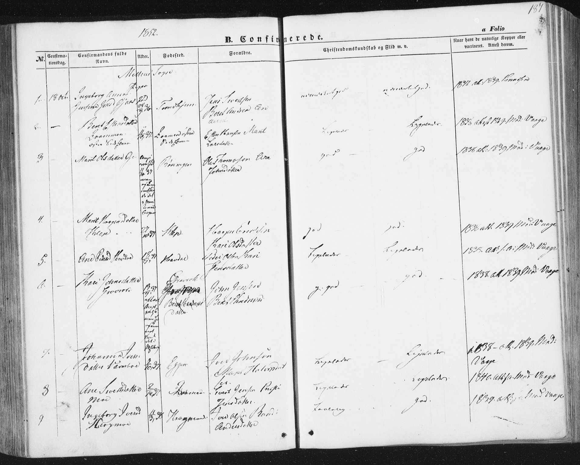 Ministerialprotokoller, klokkerbøker og fødselsregistre - Sør-Trøndelag, AV/SAT-A-1456/691/L1076: Parish register (official) no. 691A08, 1852-1861, p. 187