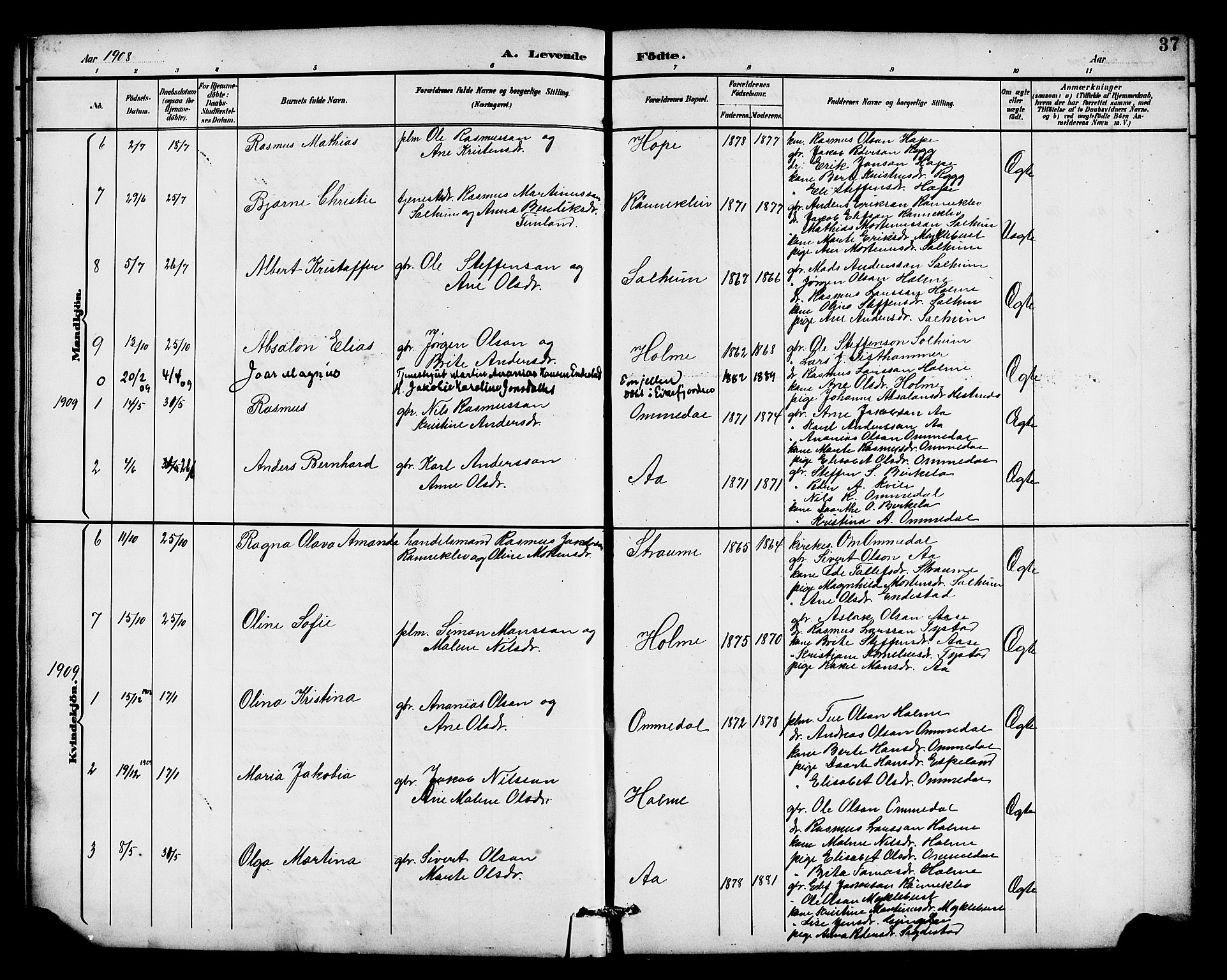 Gloppen sokneprestembete, SAB/A-80101/H/Hab/Habe/L0001: Parish register (copy) no. E 1, 1891-1917, p. 37