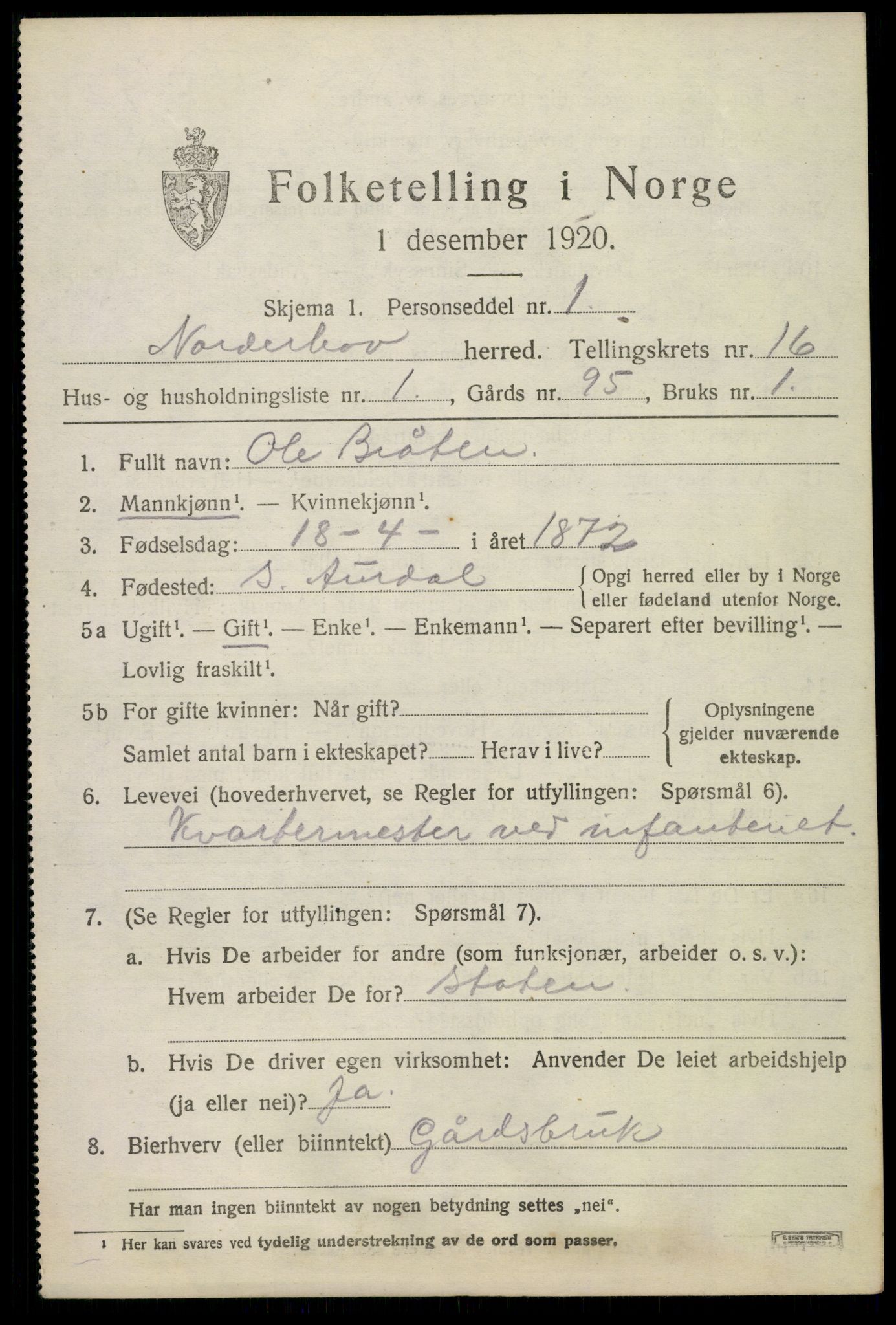 SAKO, 1920 census for Norderhov, 1920, p. 17642