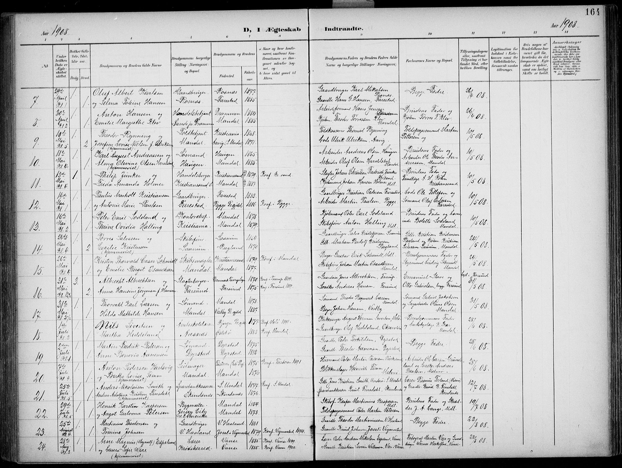 Mandal sokneprestkontor, AV/SAK-1111-0030/F/Fb/Fba/L0012: Parish register (copy) no. B 6, 1899-1918, p. 164