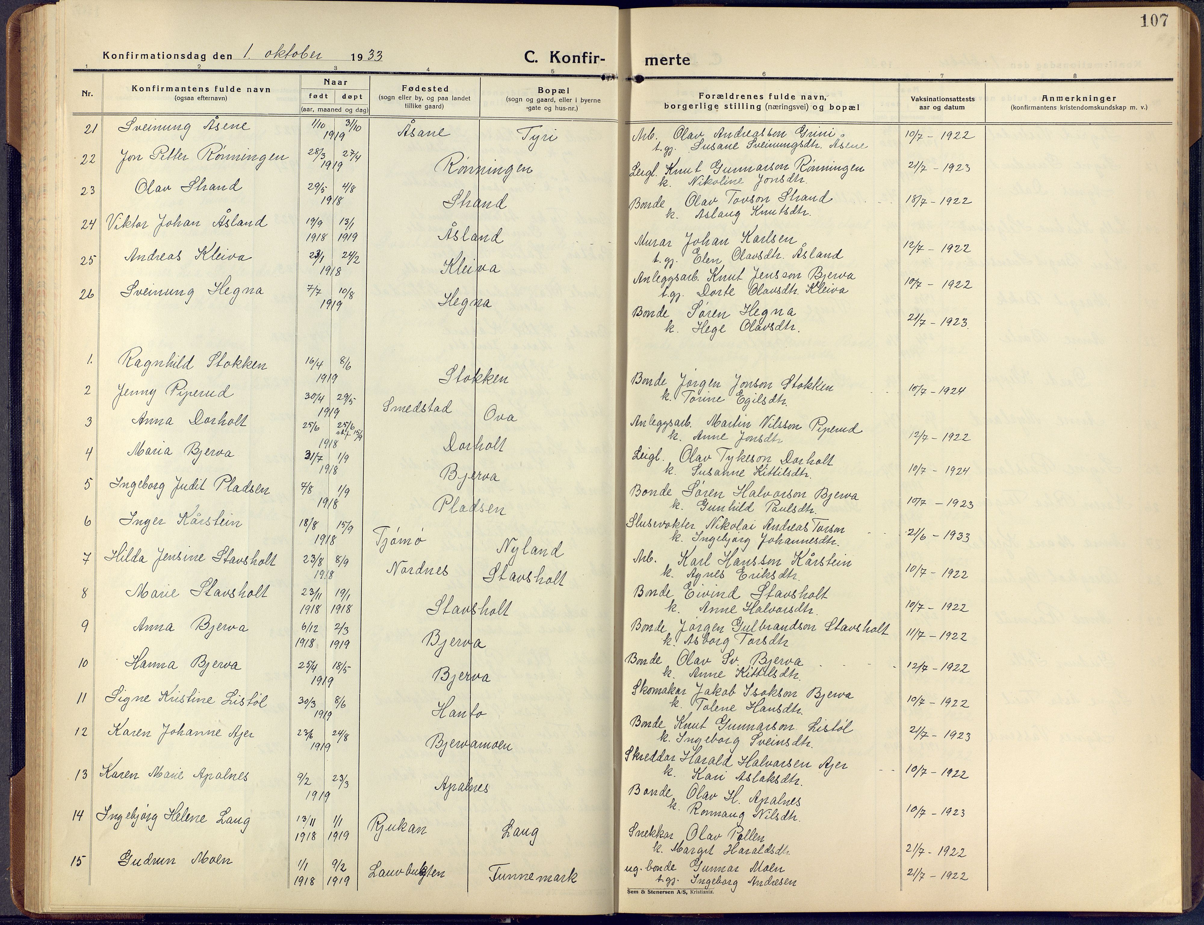 Lunde kirkebøker, SAKO/A-282/F/Fa/L0006: Parish register (official) no. I 6, 1922-1940, p. 107