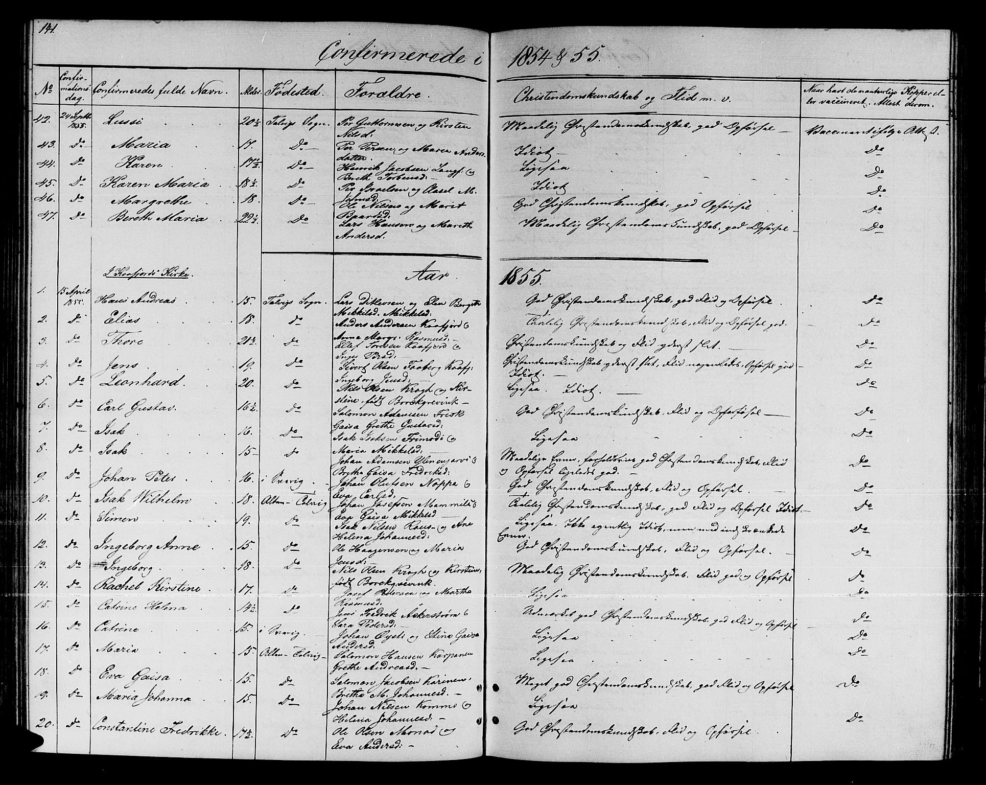 Talvik sokneprestkontor, SATØ/S-1337/H/Hb/L0001klokker: Parish register (copy) no. 1, 1847-1863, p. 141