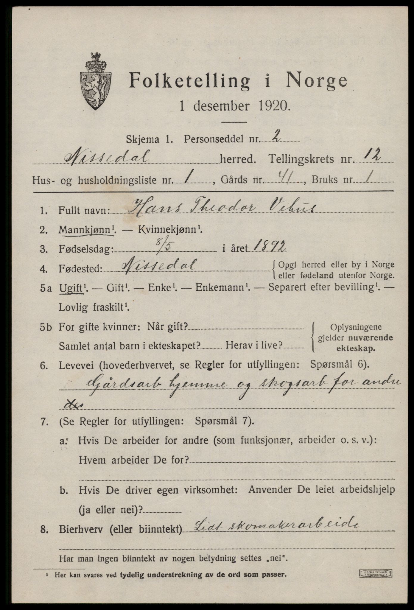 SAKO, 1920 census for Nissedal, 1920, p. 4711