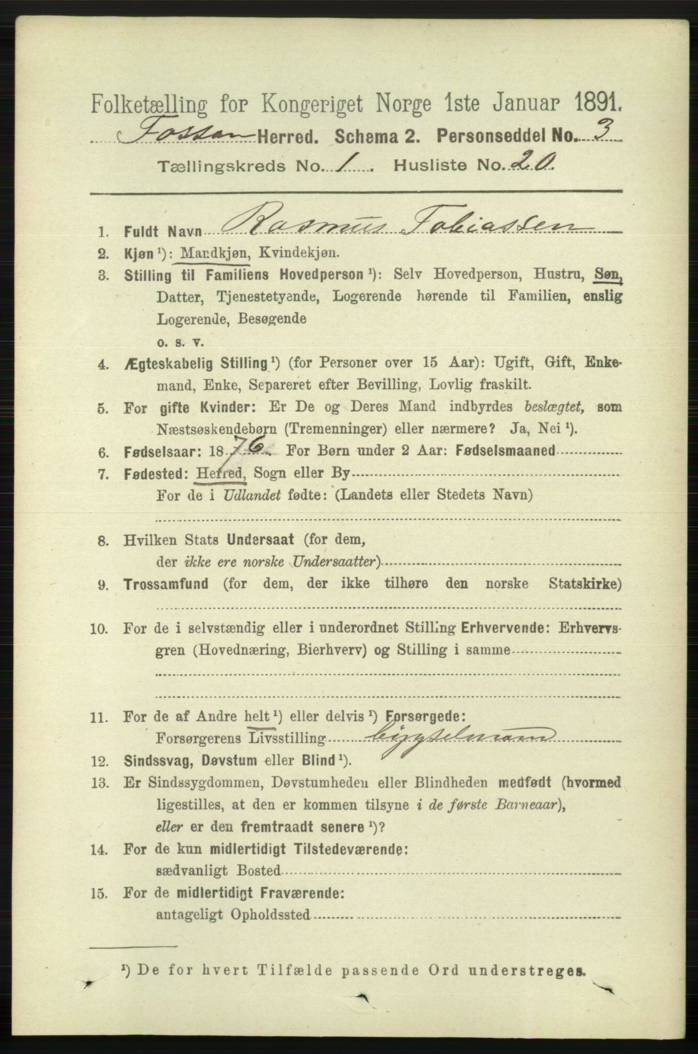 RA, 1891 census for 1129 Forsand, 1891, p. 174