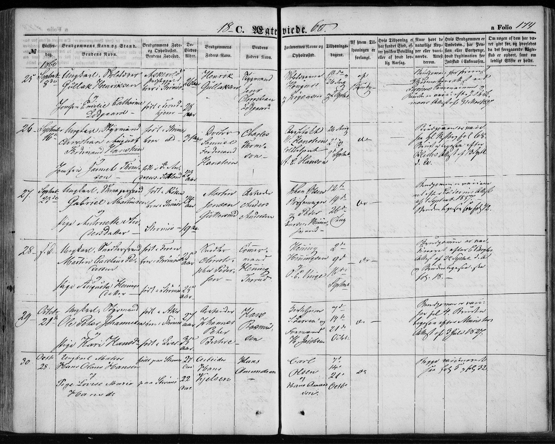 Strømsø kirkebøker, AV/SAKO-A-246/F/Fa/L0017: Parish register (official) no. I 17, 1848-1865, p. 174