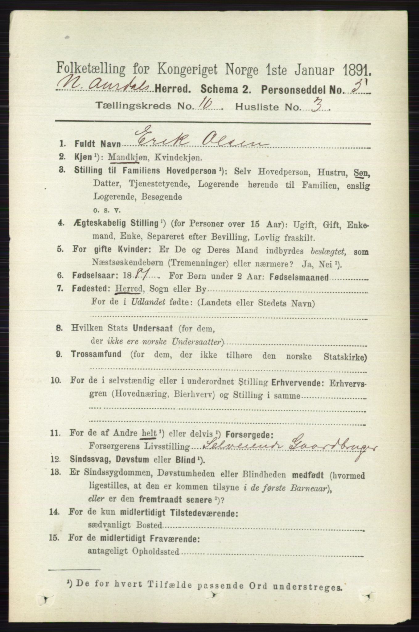 RA, 1891 census for 0542 Nord-Aurdal, 1891, p. 3747