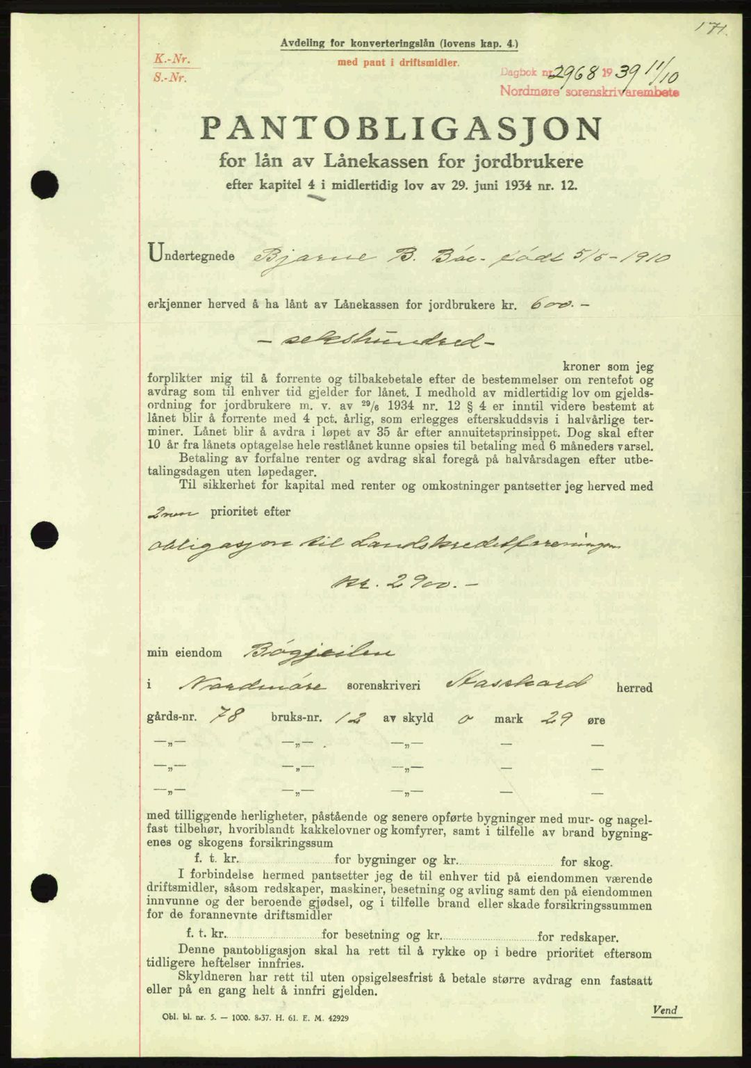 Nordmøre sorenskriveri, AV/SAT-A-4132/1/2/2Ca: Mortgage book no. B86, 1939-1940, Diary no: : 2968/1939