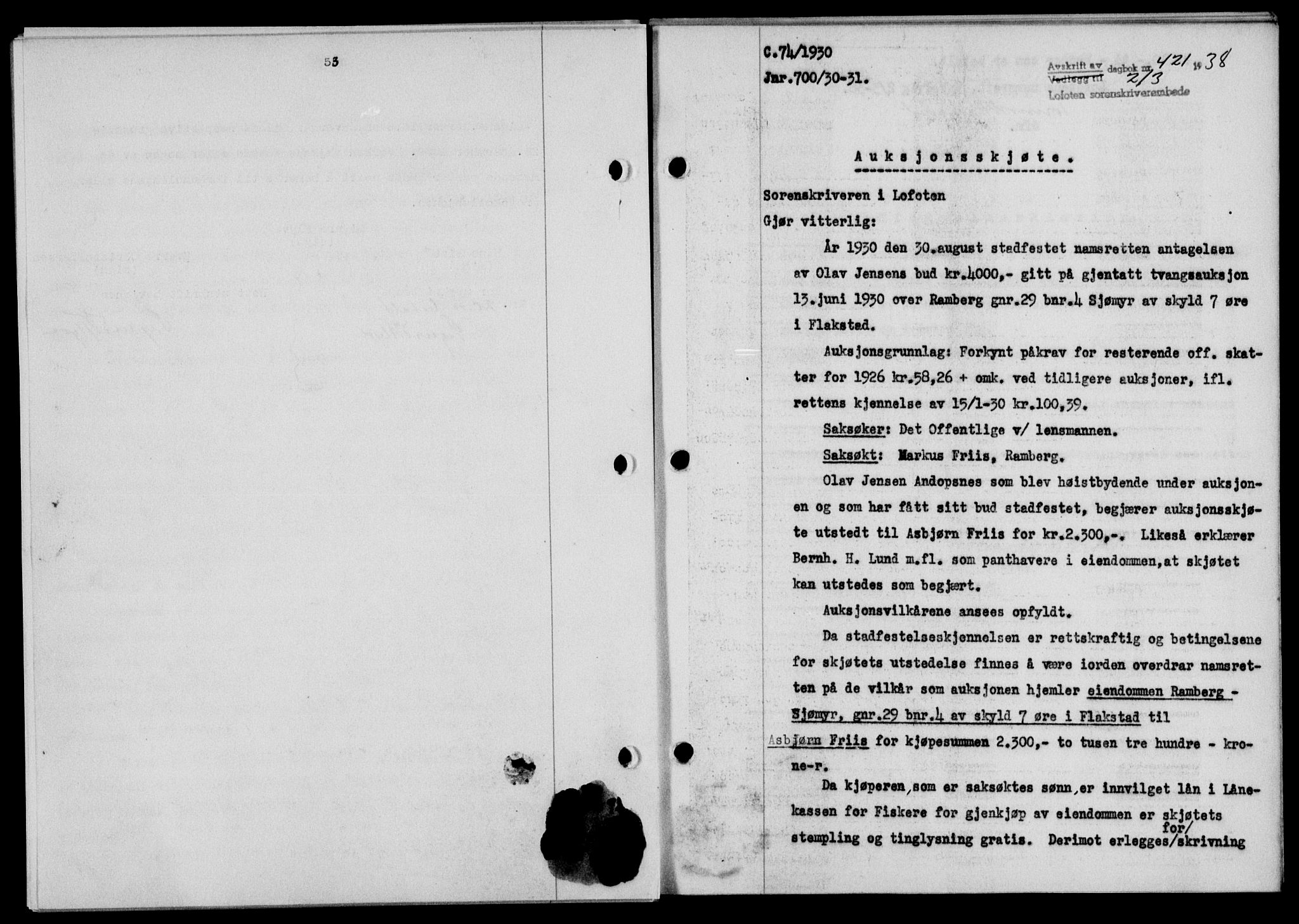 Lofoten sorenskriveri, SAT/A-0017/1/2/2C/L0003a: Mortgage book no. 3a, 1937-1938, Diary no: : 421/1938