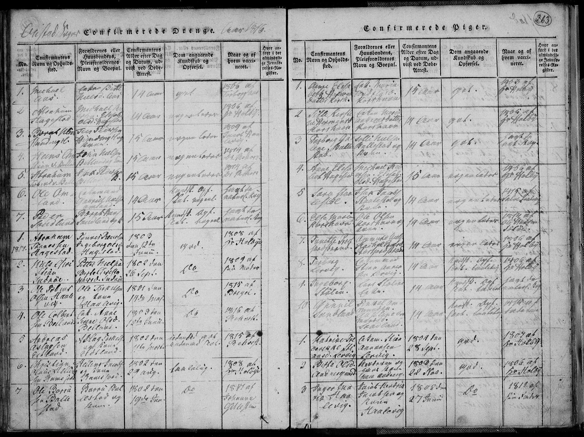 Lyngdal sokneprestkontor, AV/SAK-1111-0029/F/Fa/Fac/L0006: Parish register (official) no. A 6, 1815-1825, p. 263