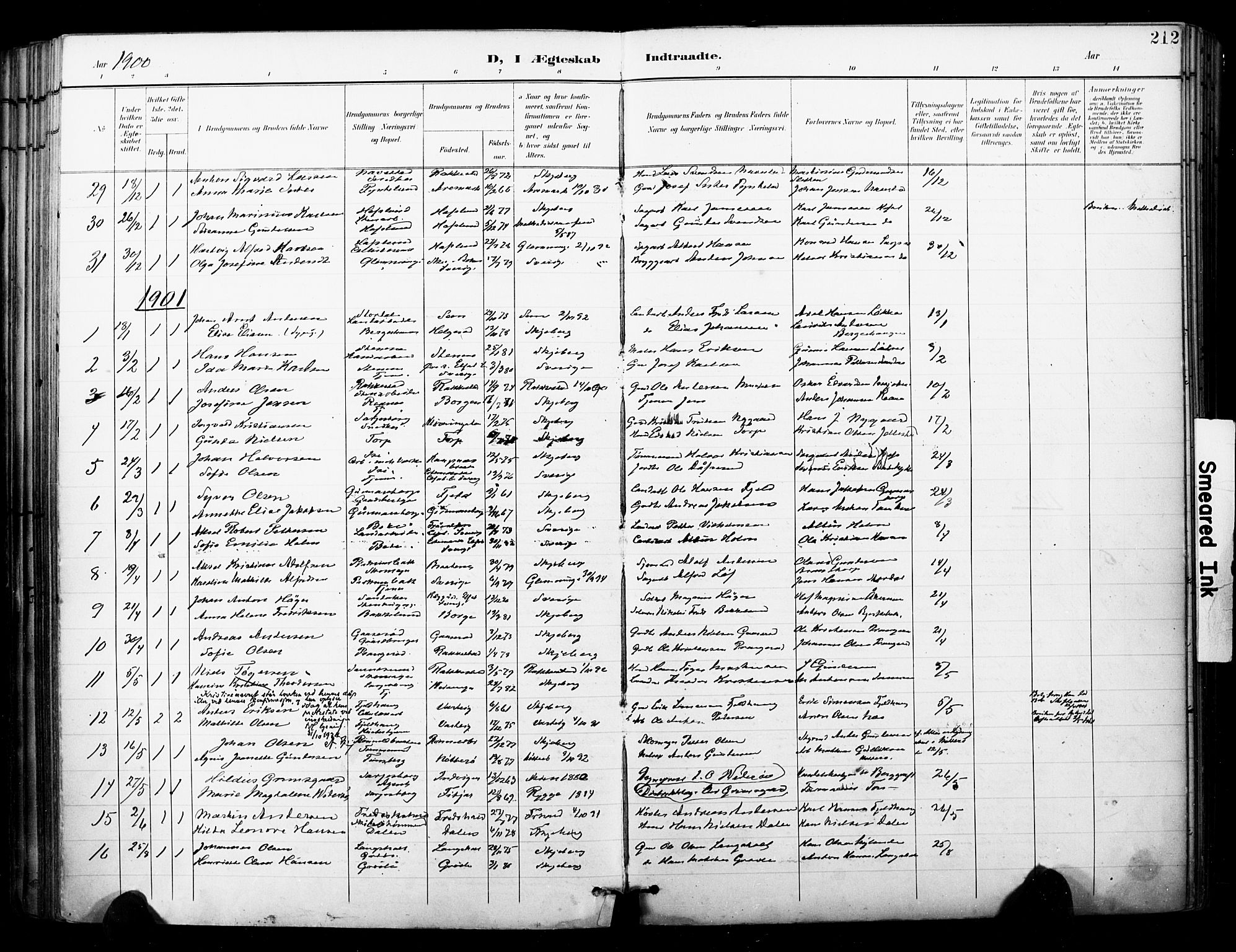 Skjeberg prestekontor Kirkebøker, AV/SAO-A-10923/F/Fa/L0010: Parish register (official) no. I 10, 1898-1911, p. 212