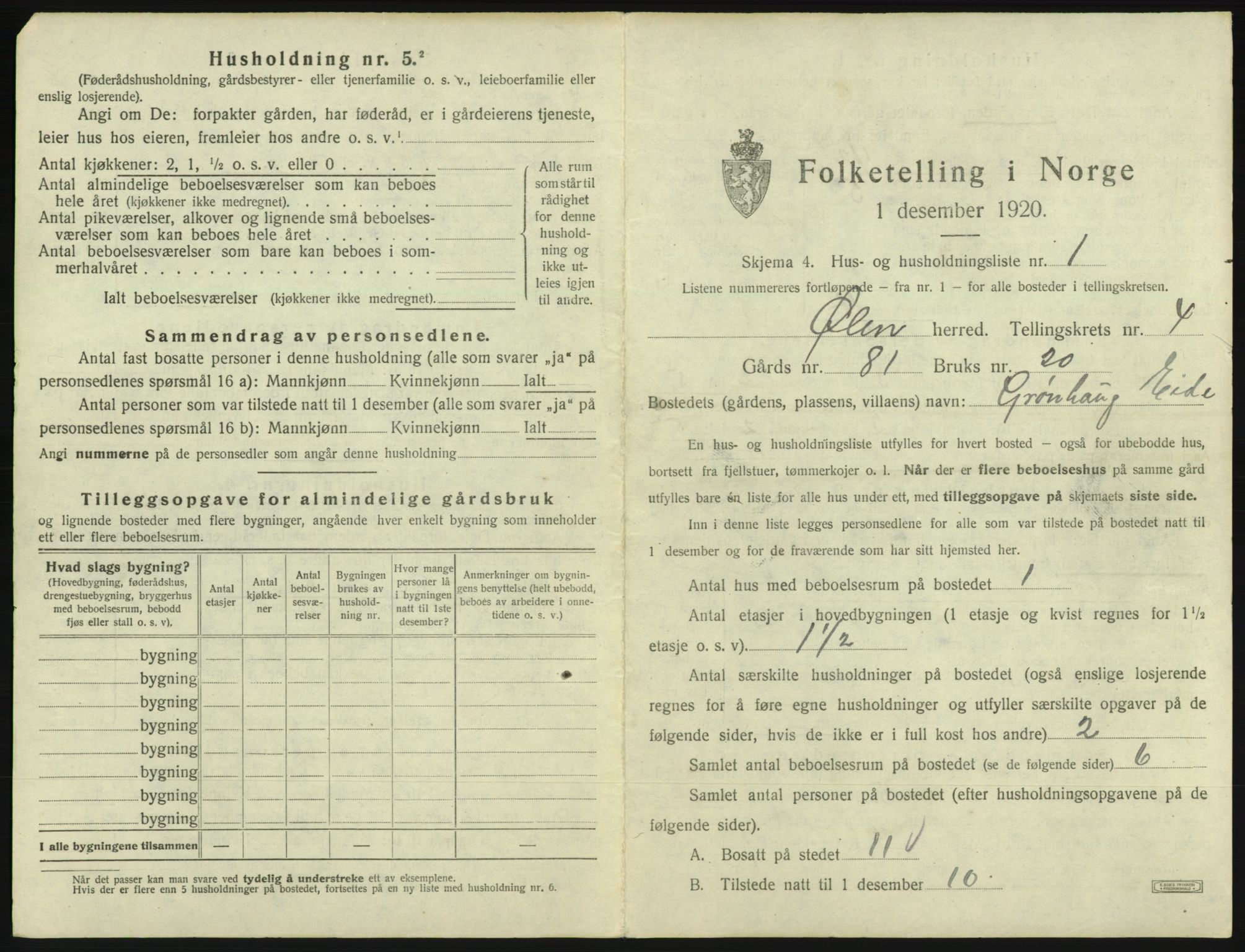 SAB, 1920 census for Ølen, 1920, p. 264