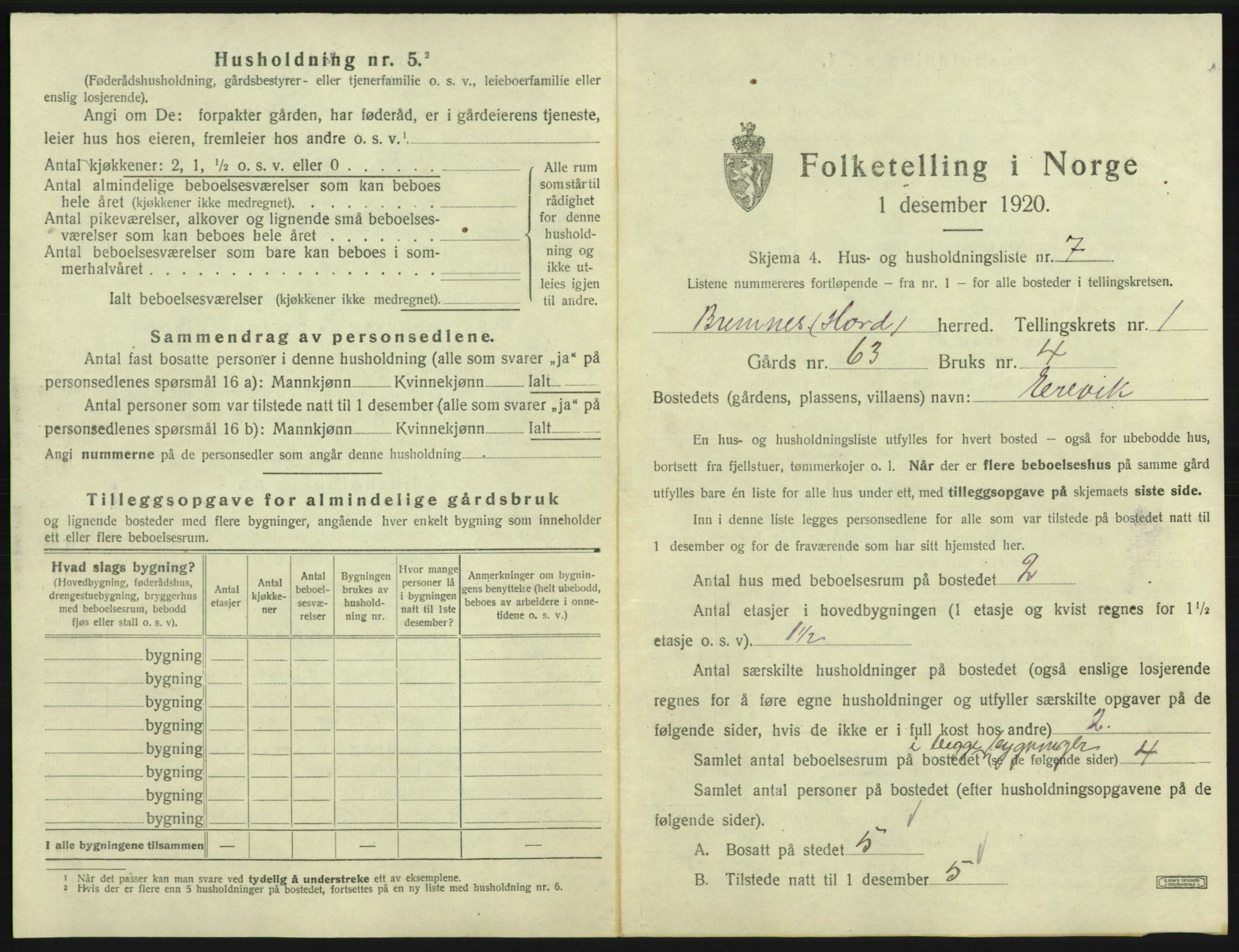 SAB, 1920 census for Bremnes, 1920, p. 55