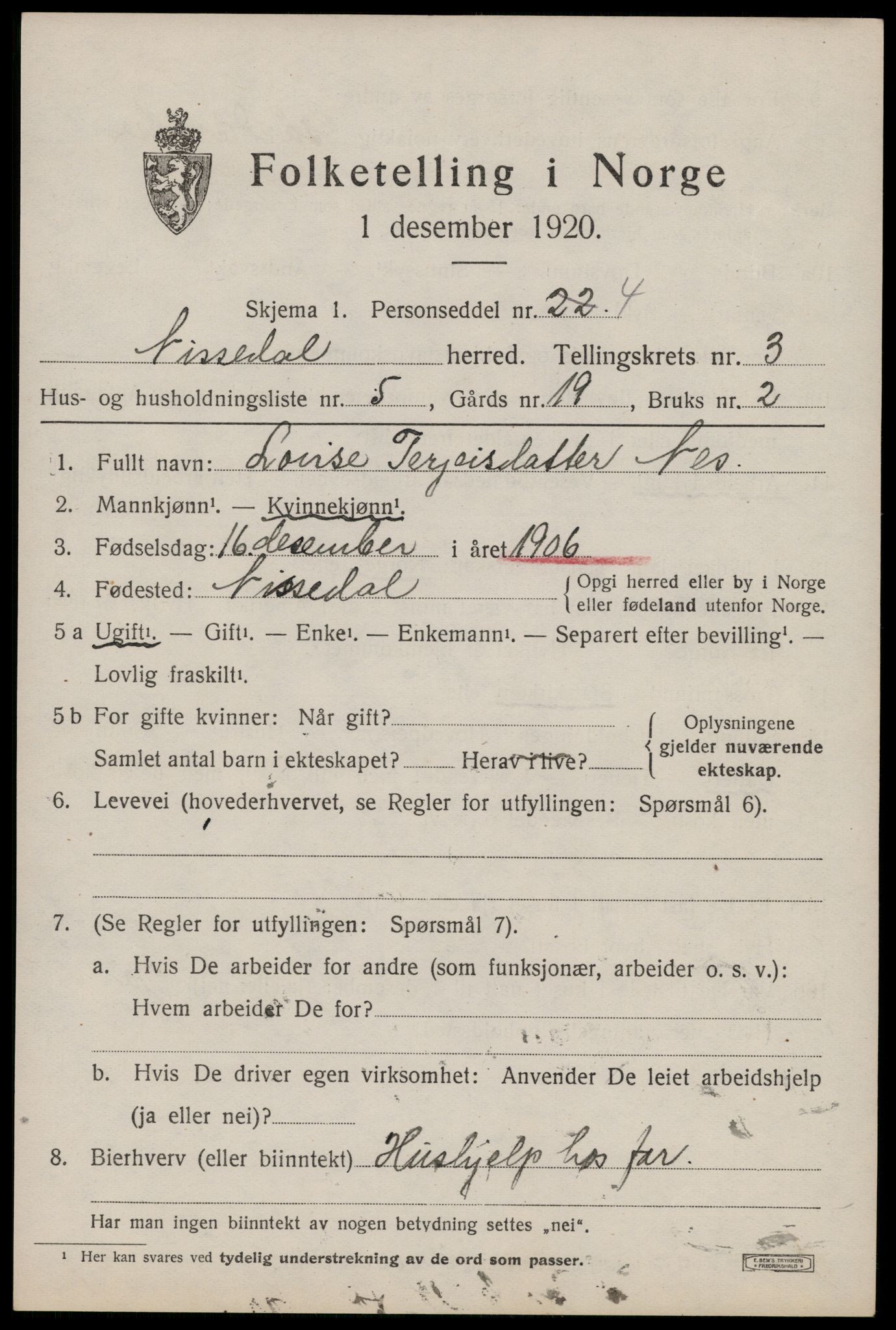 SAKO, 1920 census for Nissedal, 1920, p. 1539