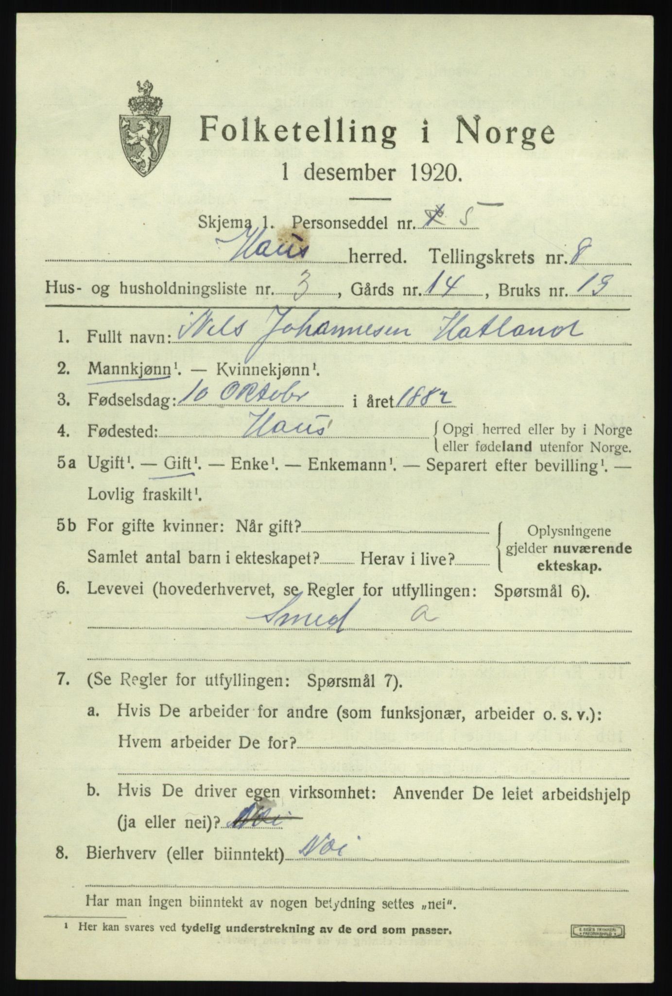 SAB, 1920 census for Haus, 1920, p. 4713