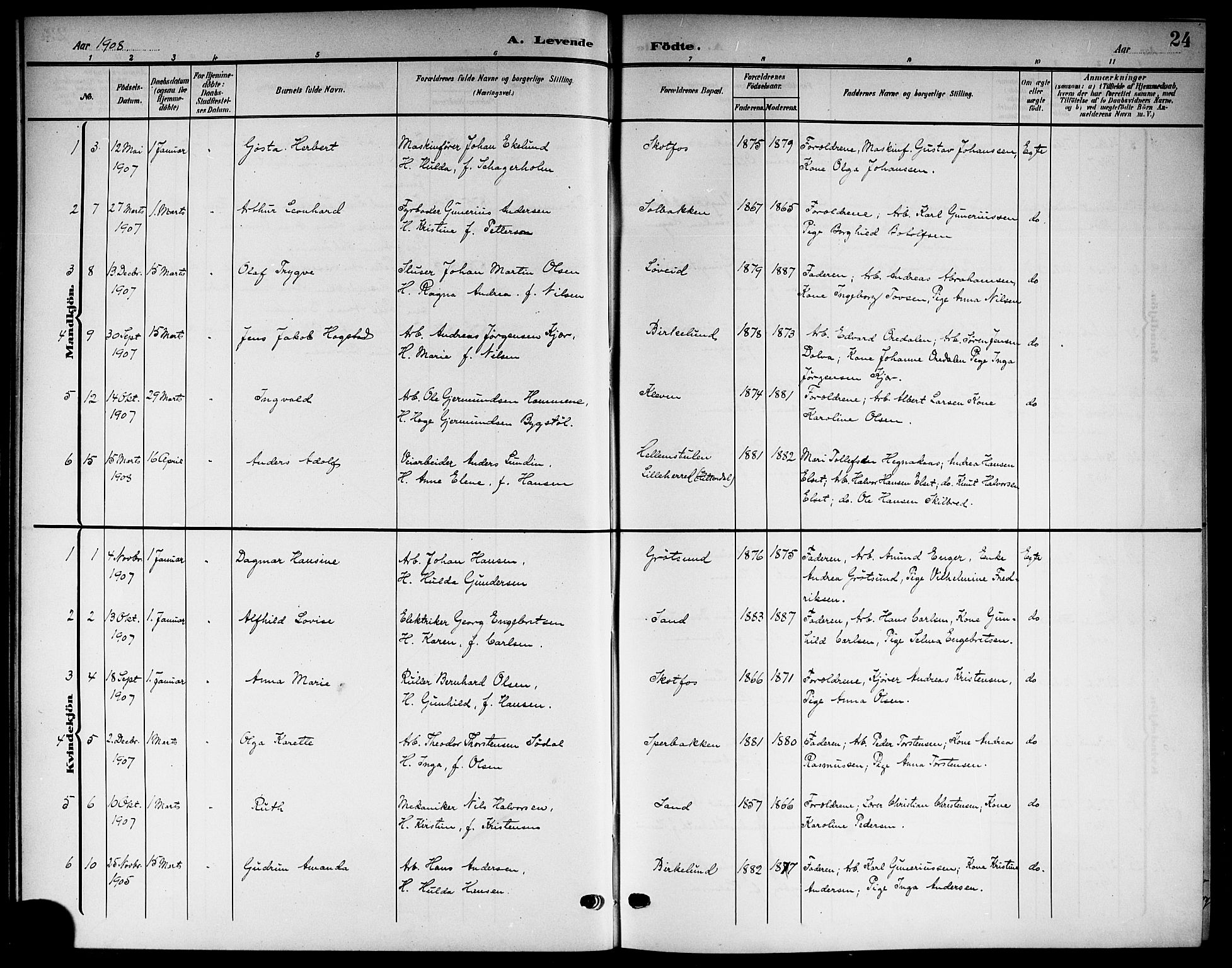 Solum kirkebøker, SAKO/A-306/G/Gb/L0005: Parish register (copy) no. II 5, 1905-1914, p. 24