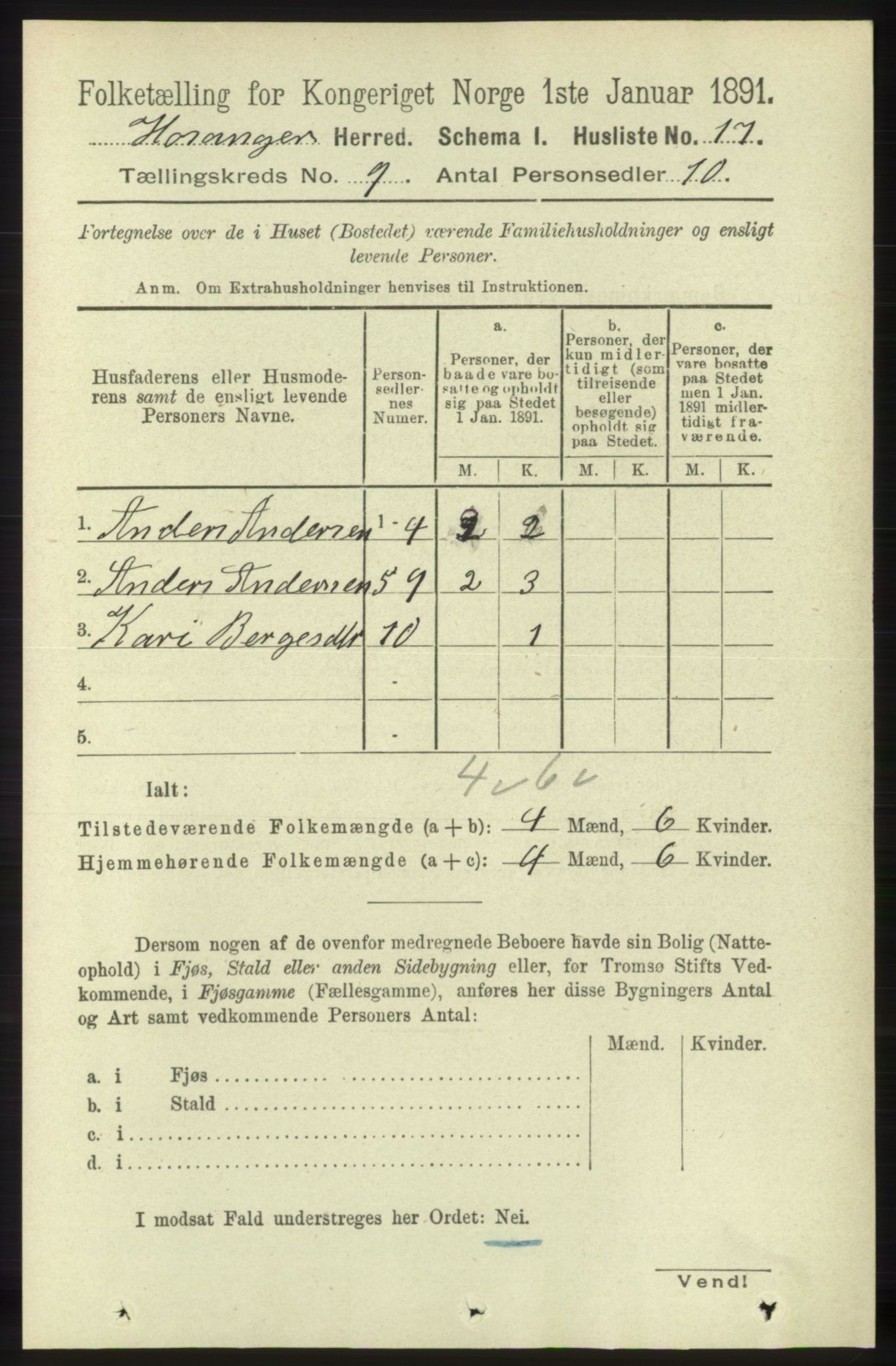 RA, 1891 census for 1253 Hosanger, 1891, p. 3286