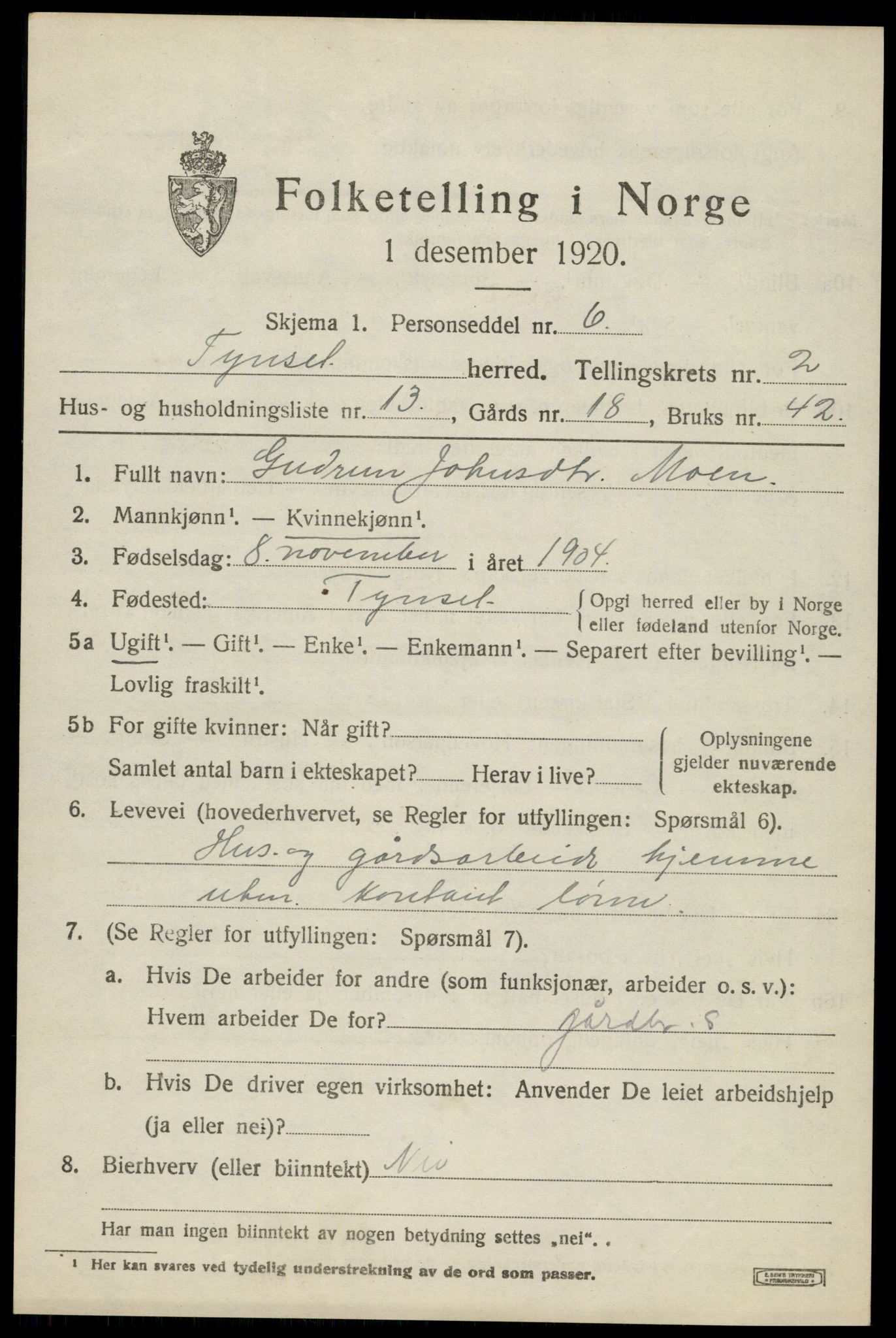 SAH, 1920 census for Tynset, 1920, p. 2436
