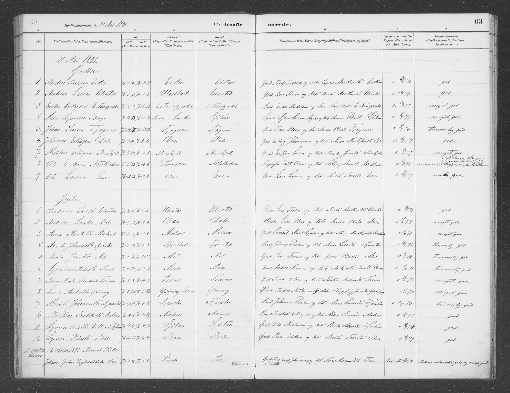 Balestrand sokneprestembete, SAB/A-79601/H/Haa/Haab/L0001: Parish register (official) no. B  1, 1889-1910, p. 63
