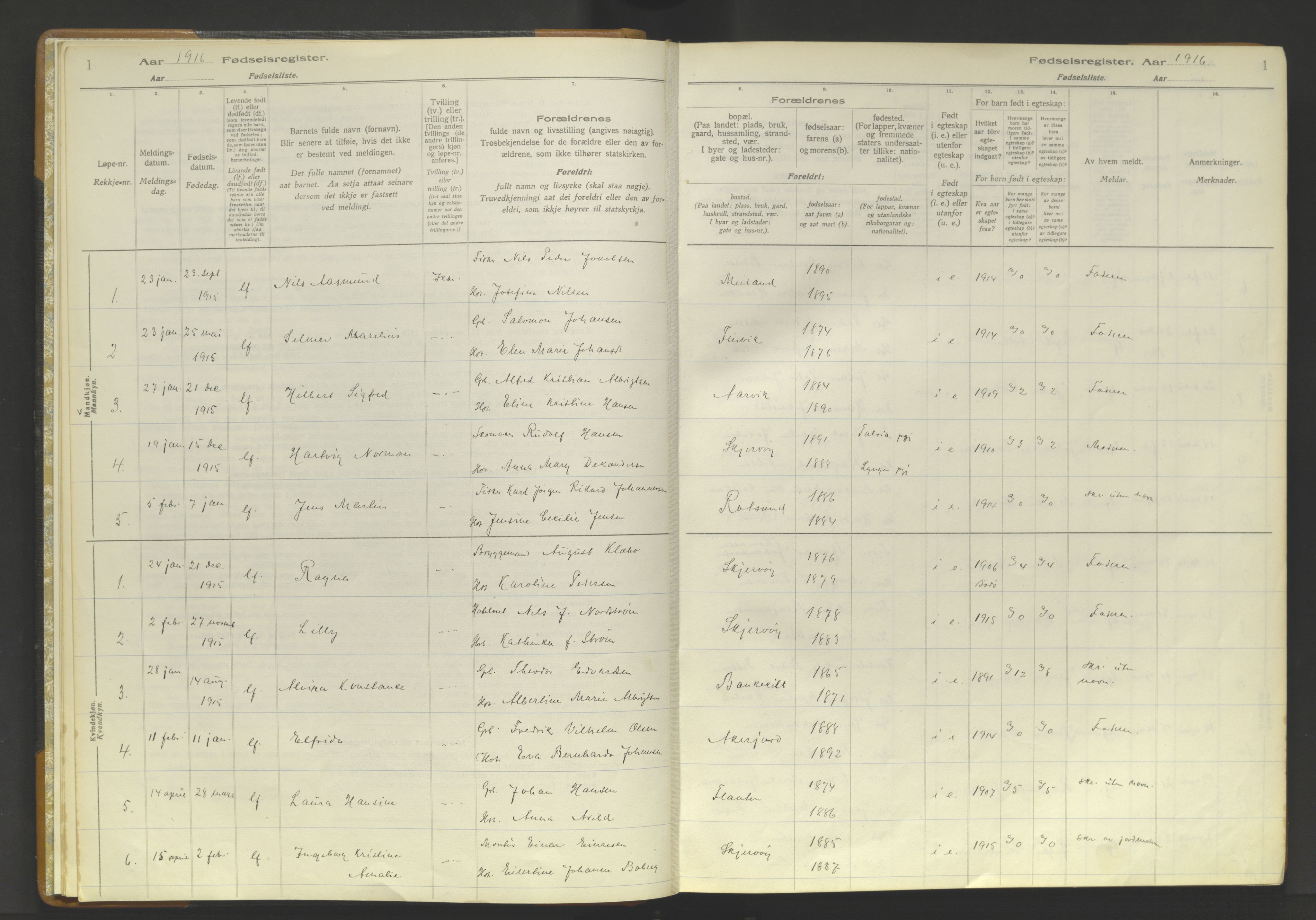 Skjervøy sokneprestkontor, SATØ/S-1300/I/Ia/L0056: Birth register no. 56, 1916-1932, p. 1