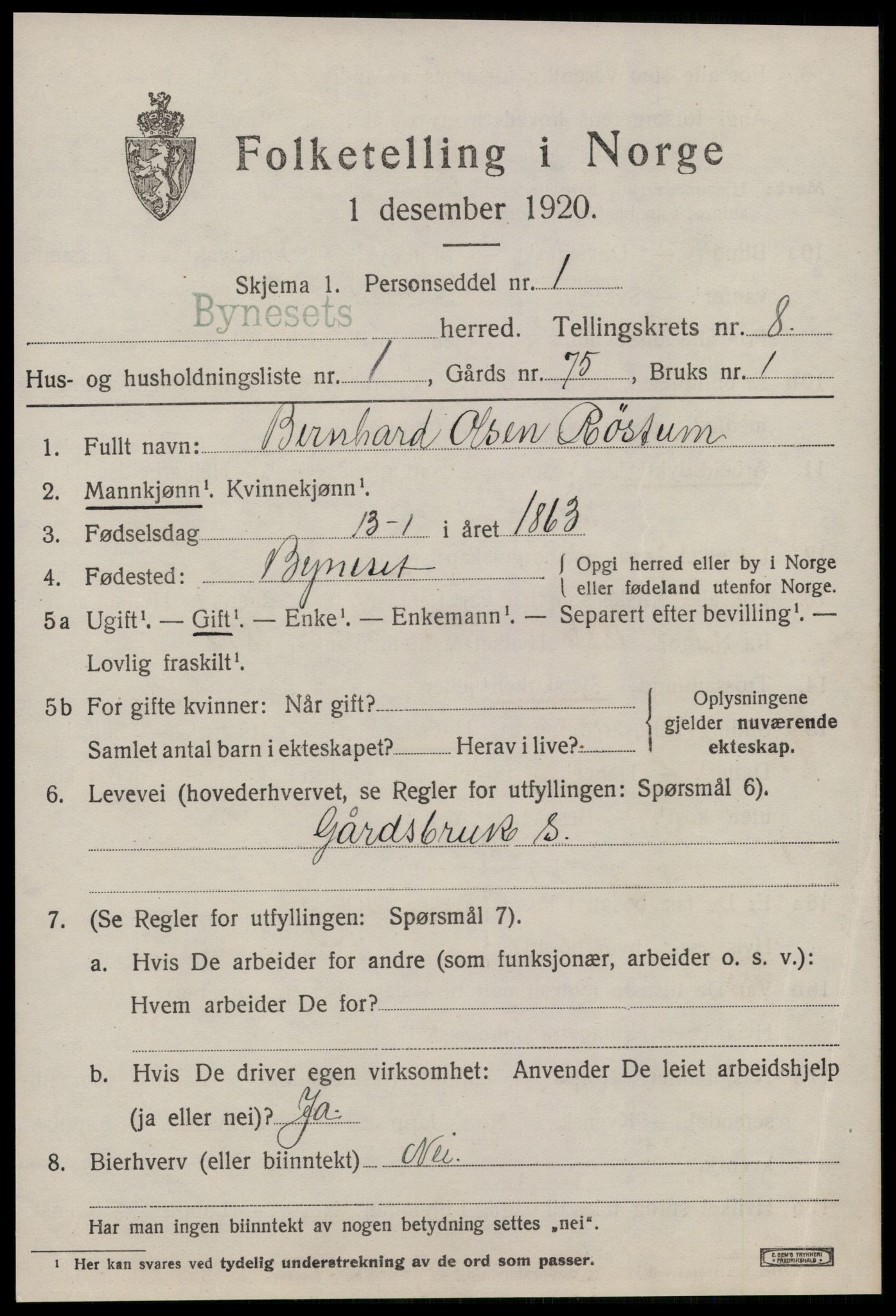 SAT, 1920 census for Byneset, 1920, p. 3842