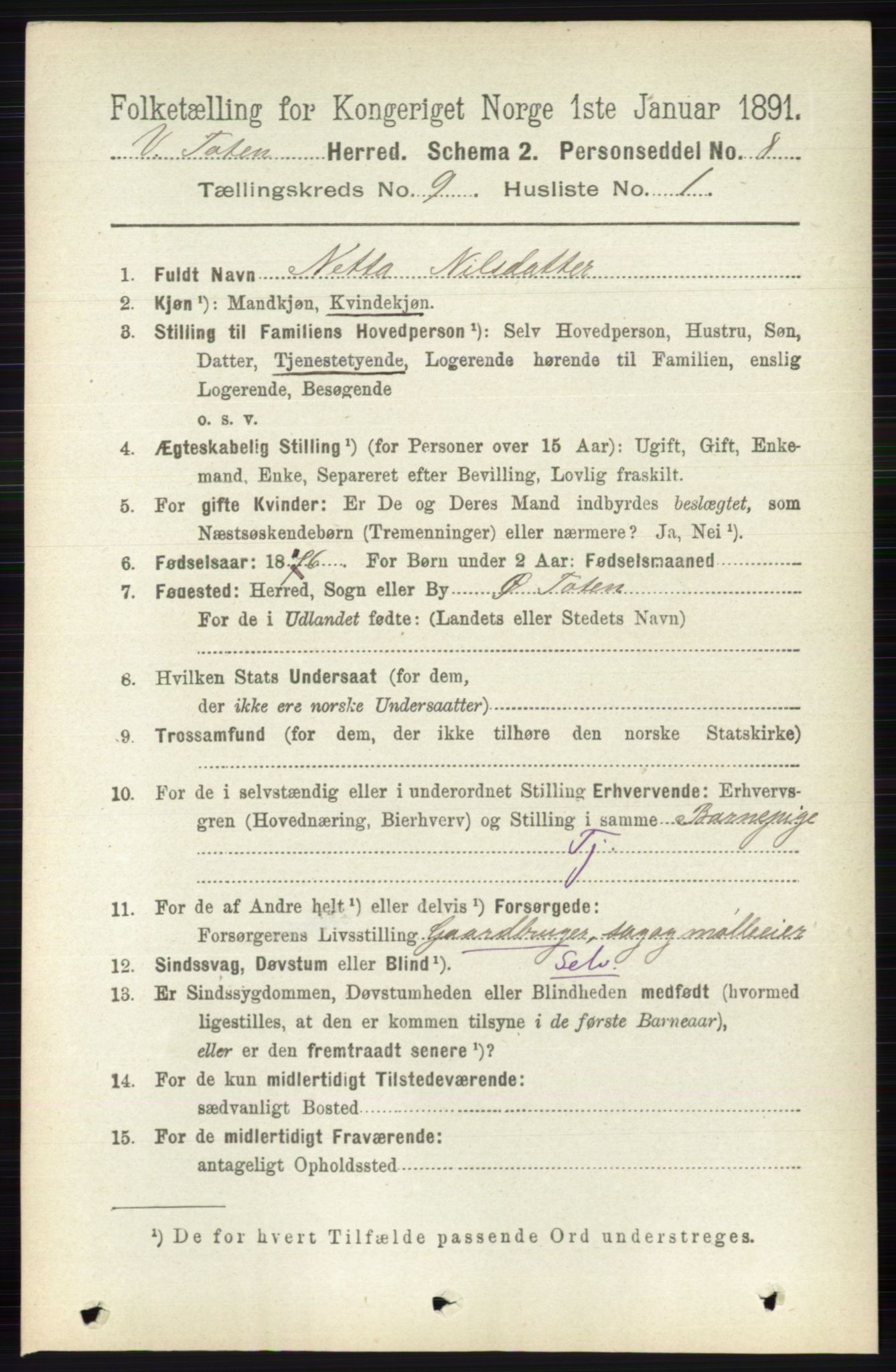 RA, 1891 census for 0529 Vestre Toten, 1891, p. 5553