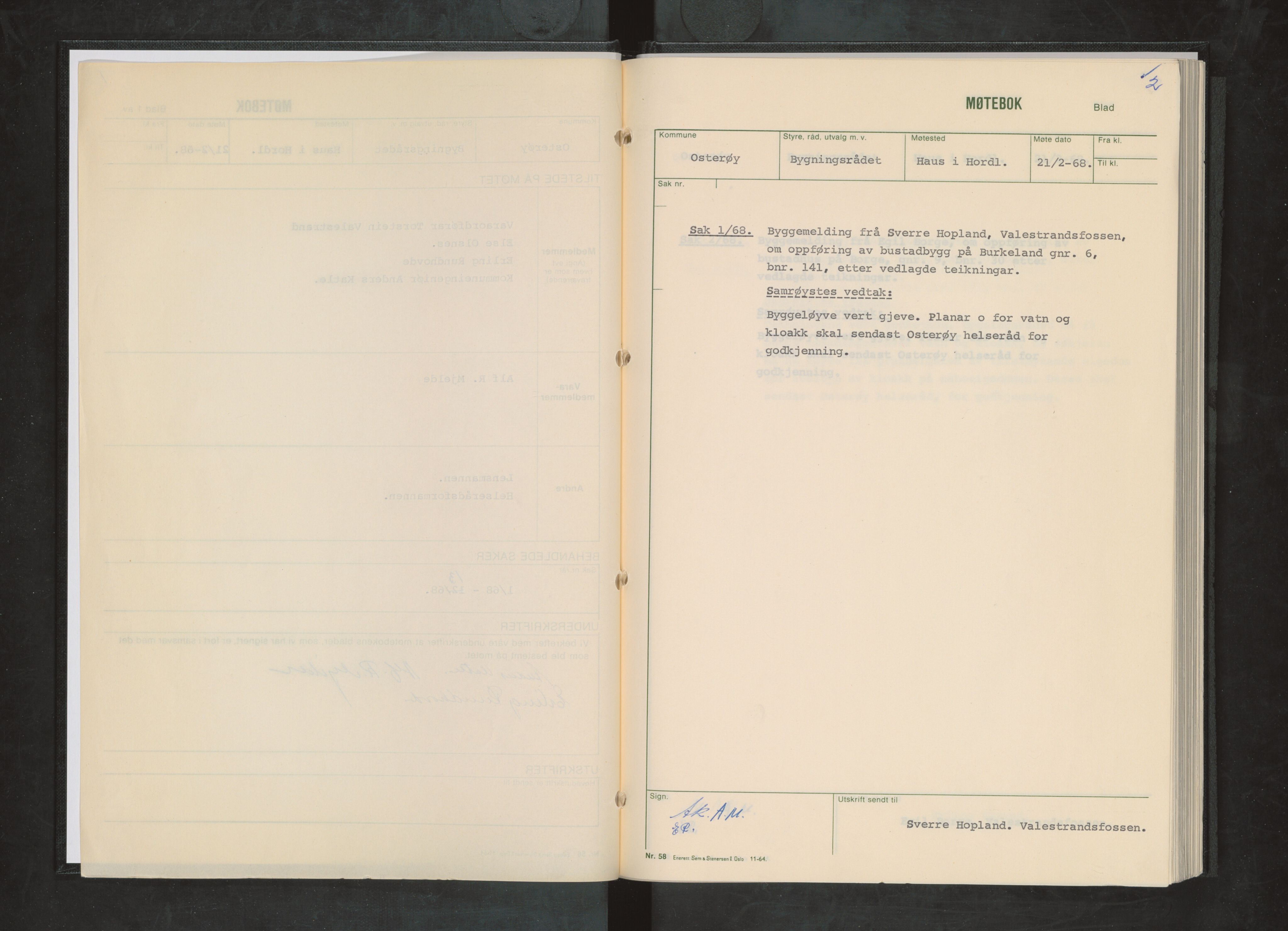 Osterøy kommune. Bygningsrådet, IKAH/1253b-511/A/Aa/L0003: Møtebok Osterøy bygningsråd, 1968