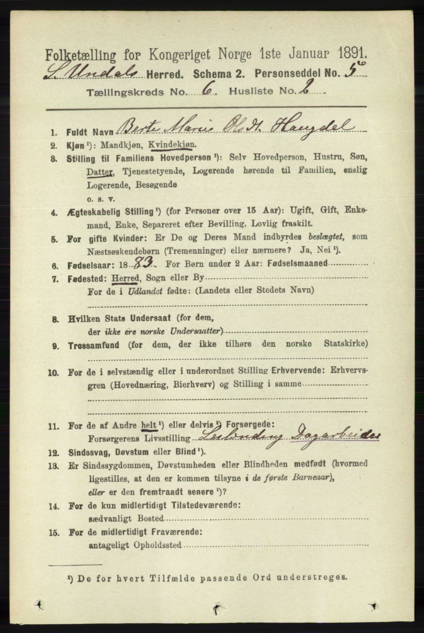 RA, 1891 census for 1029 Sør-Audnedal, 1891, p. 2295