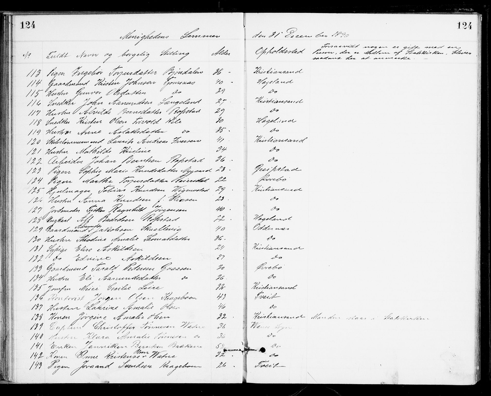 Den evangelisk-lutherske frikirke, Kristiansand, AV/SAK-1292-0017/F/Fa/L0002: Dissenter register no. F 10, 1889-1892, p. 124