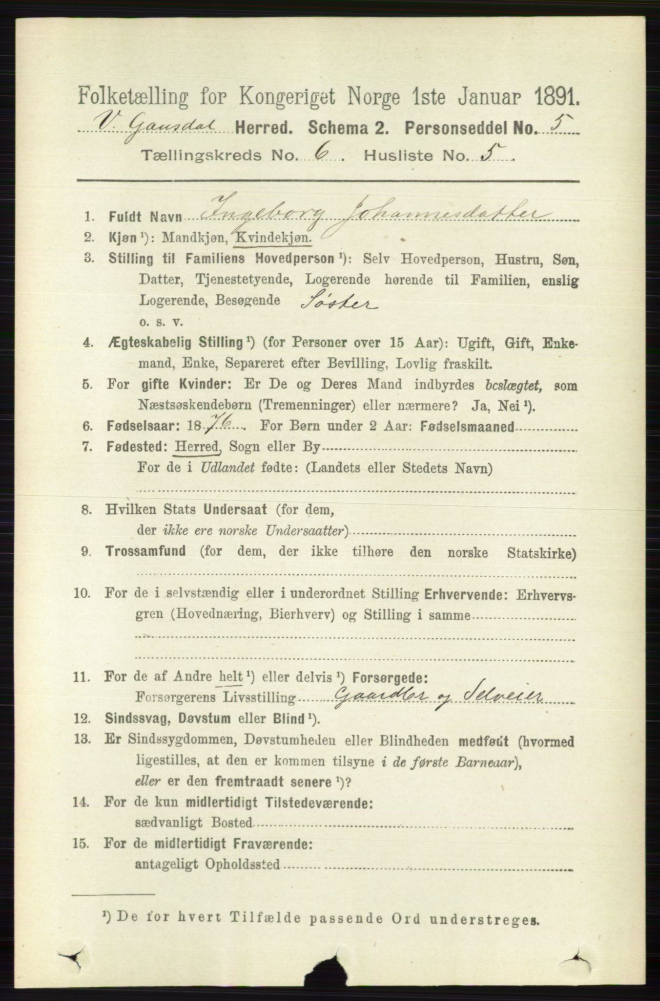 RA, 1891 census for 0523 Vestre Gausdal, 1891, p. 2589