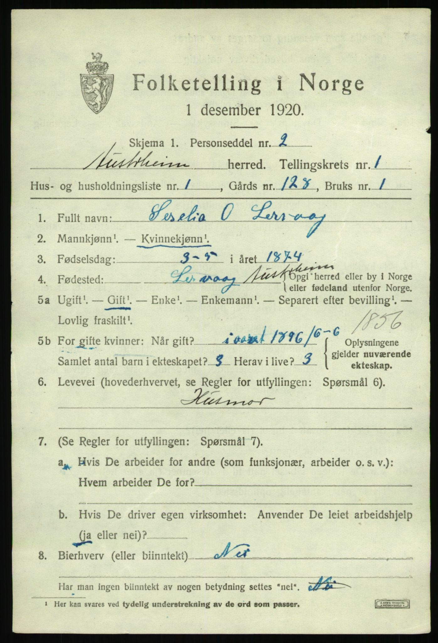 SAB, 1920 census for Austrheim, 1920, p. 958