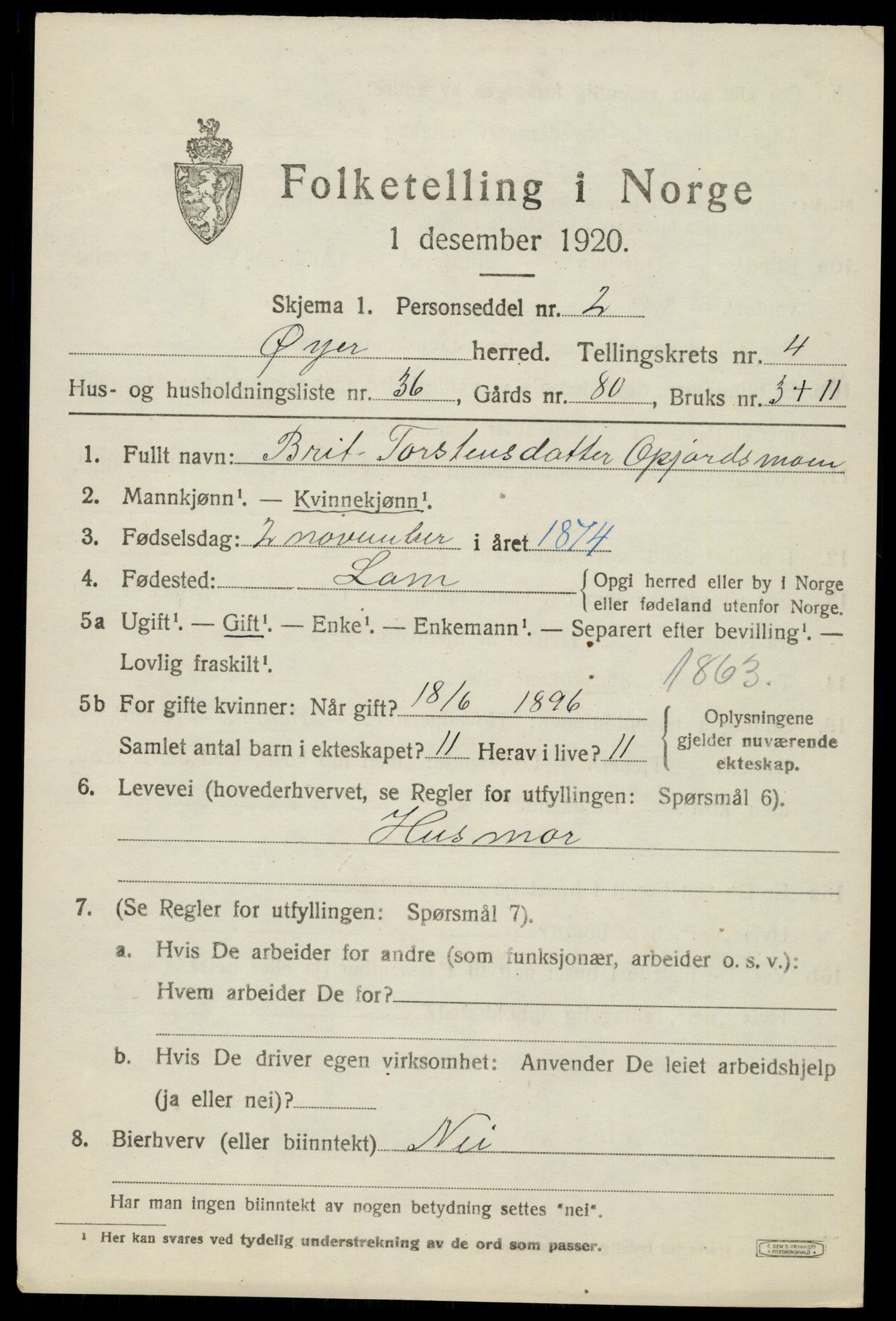 SAH, 1920 census for Øyer, 1920, p. 4263