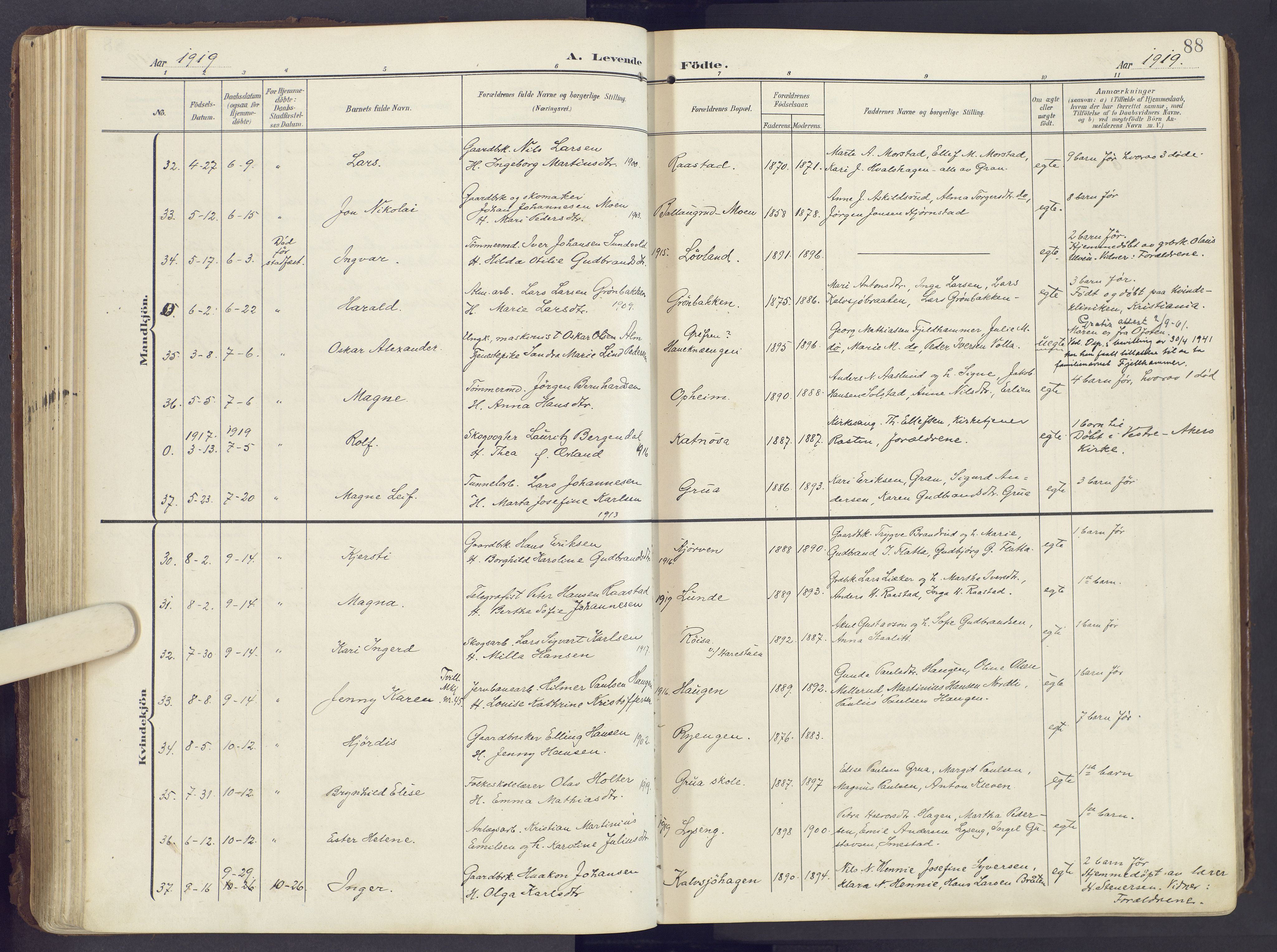 Lunner prestekontor, AV/SAH-PREST-118/H/Ha/Haa/L0001: Parish register (official) no. 1, 1907-1922, p. 88