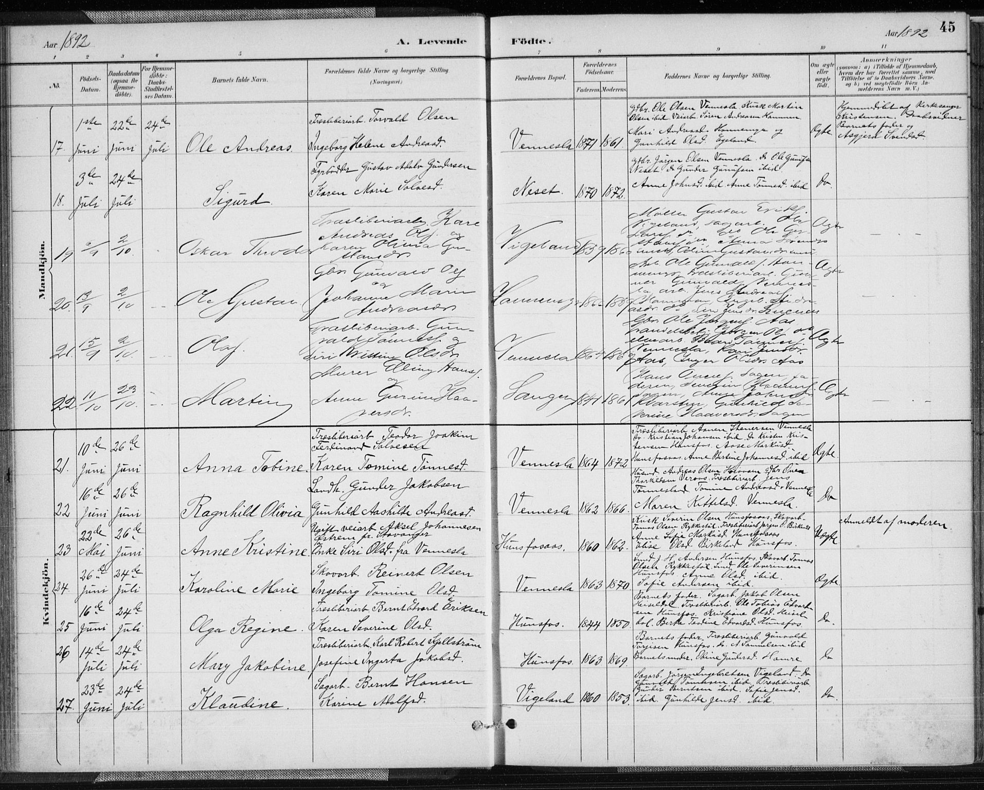 Vennesla sokneprestkontor, AV/SAK-1111-0045/Fa/Fab/L0004: Parish register (official) no. A 4, 1884-1896, p. 45