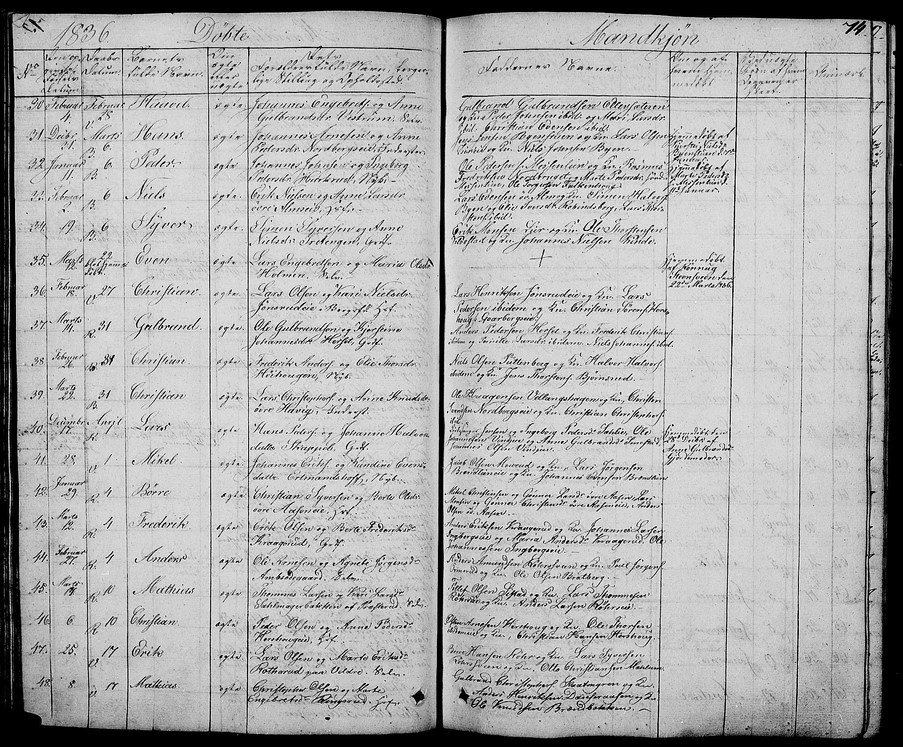 Ringsaker prestekontor, SAH/PREST-014/L/La/L0004: Parish register (copy) no. 4, 1827-1838, p. 74