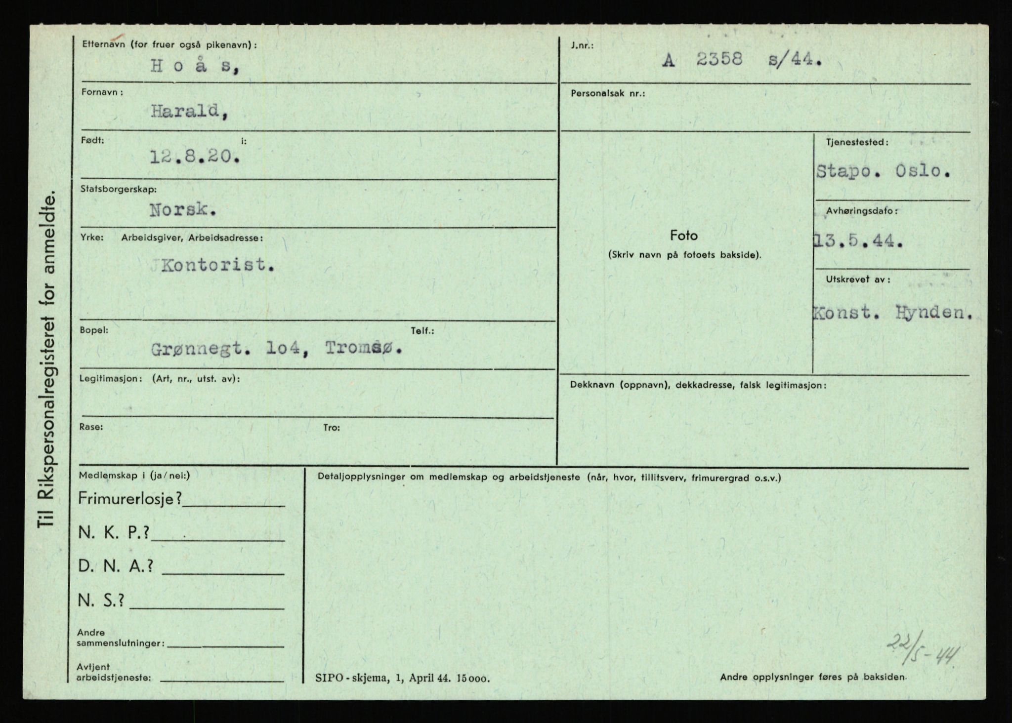 Statspolitiet - Hovedkontoret / Osloavdelingen, AV/RA-S-1329/C/Ca/L0006: Hanche - Hokstvedt, 1943-1945, p. 4501