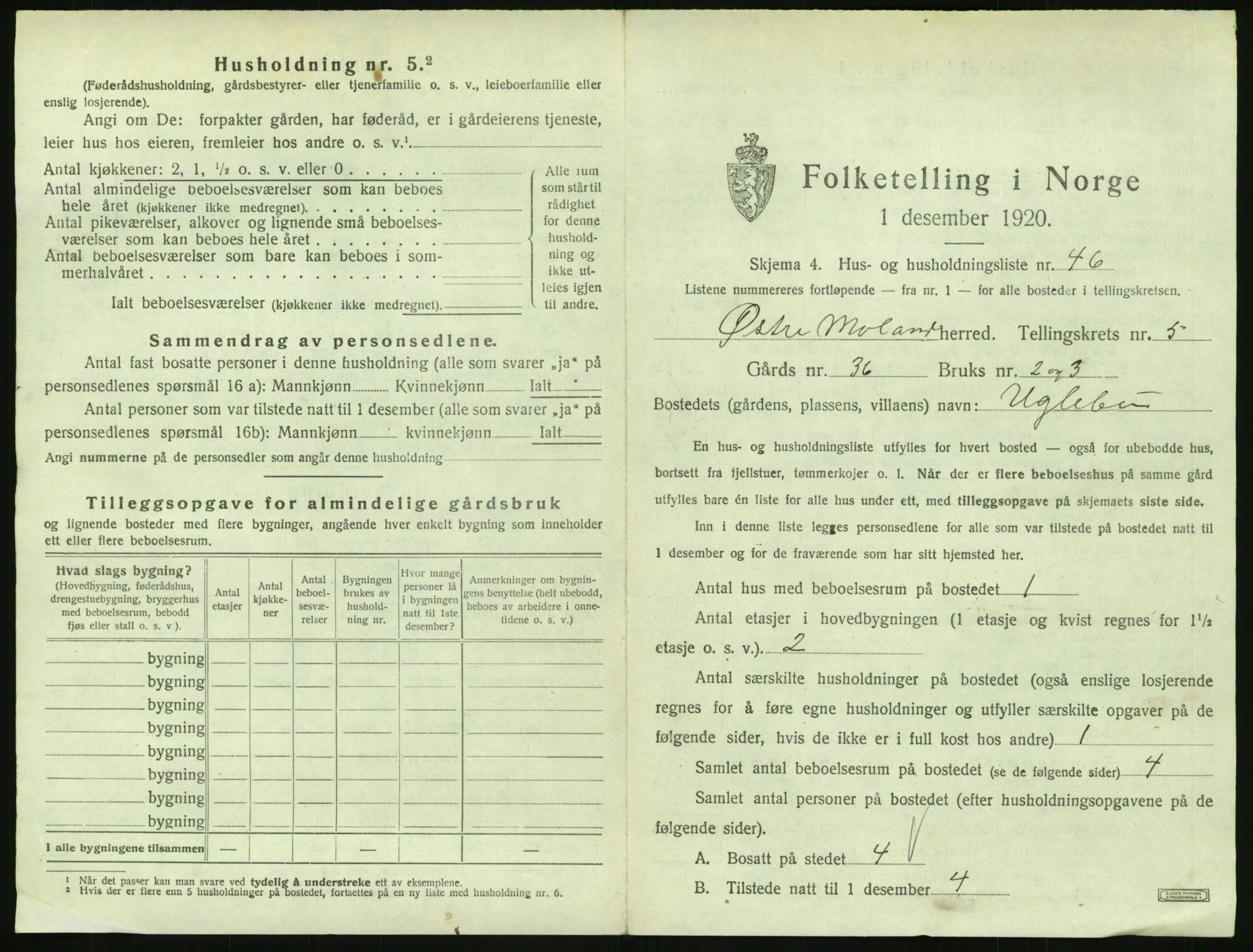 SAK, 1920 census for Austre Moland, 1920, p. 537